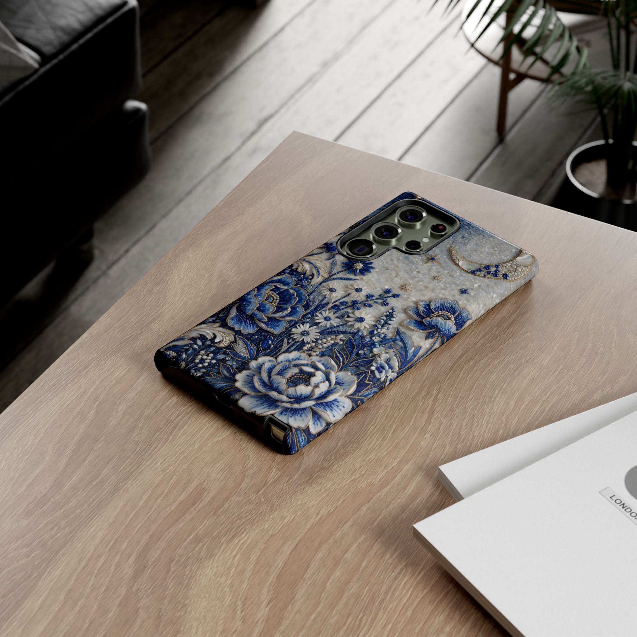Blue Floral Moon Samsung Galaxy Phone Case | Vintage Botanical Night Sky Protective Case