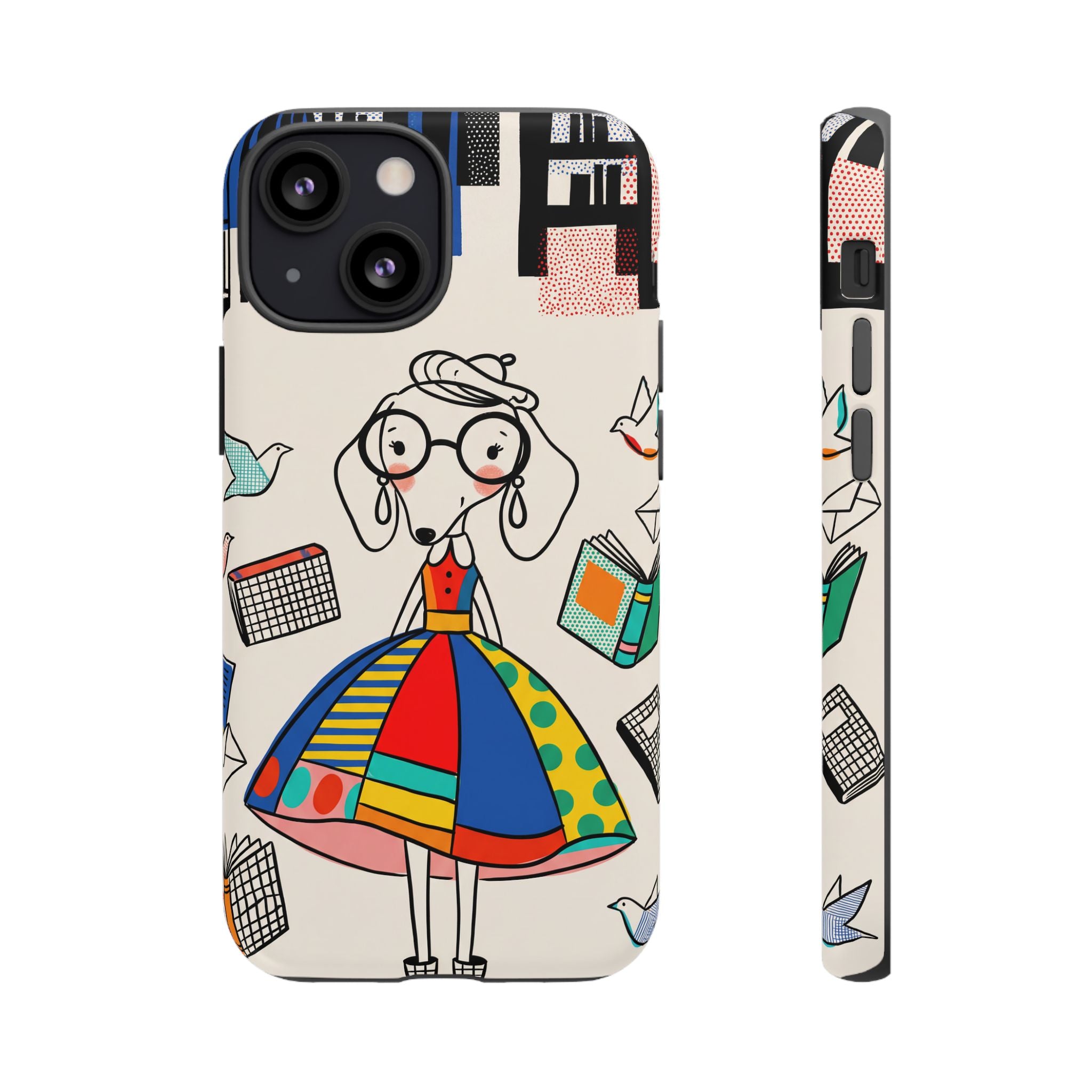 Cute Dachshund Dog Illustration iPhone Case | Colorful Whimsical Book & Bird Design