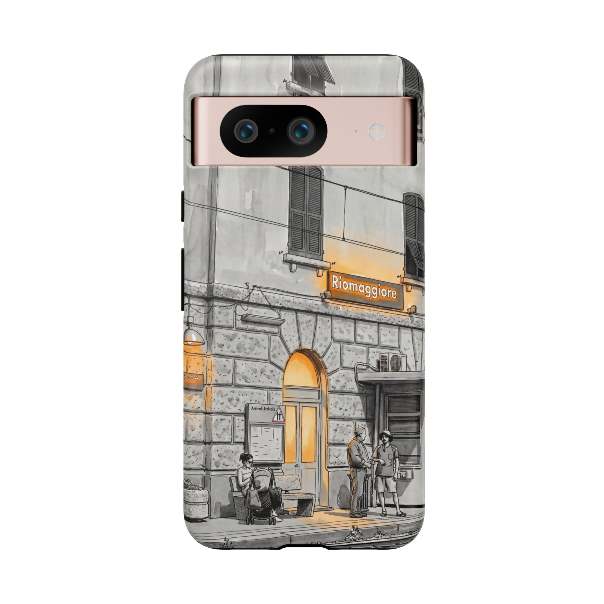 Cinque Terre Train Station Google Pixel Case | Black & White Sketch with Warm Yellow Accents