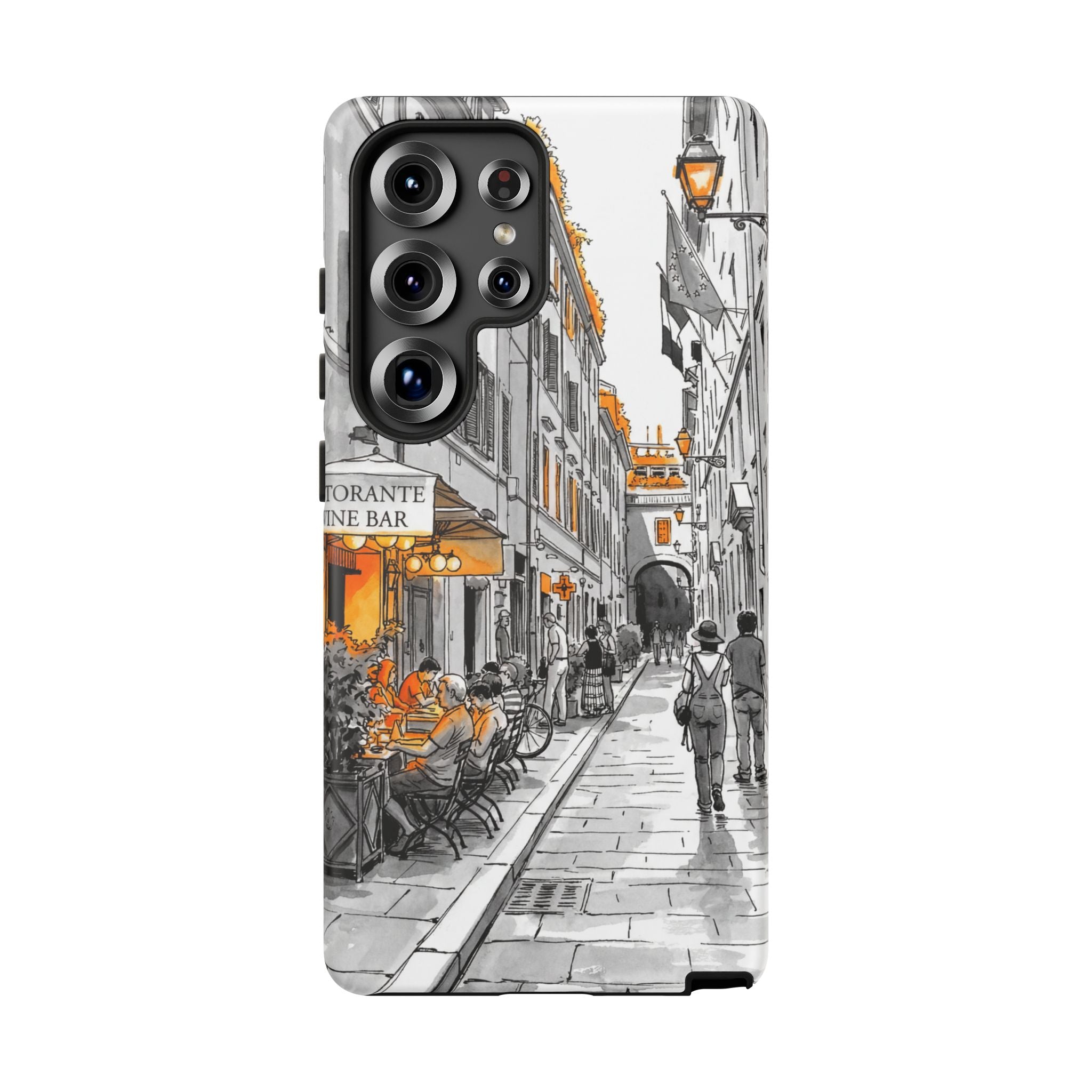 Italy Street Samsung Galaxy Case | Black & White Cityscape with Orange Accents