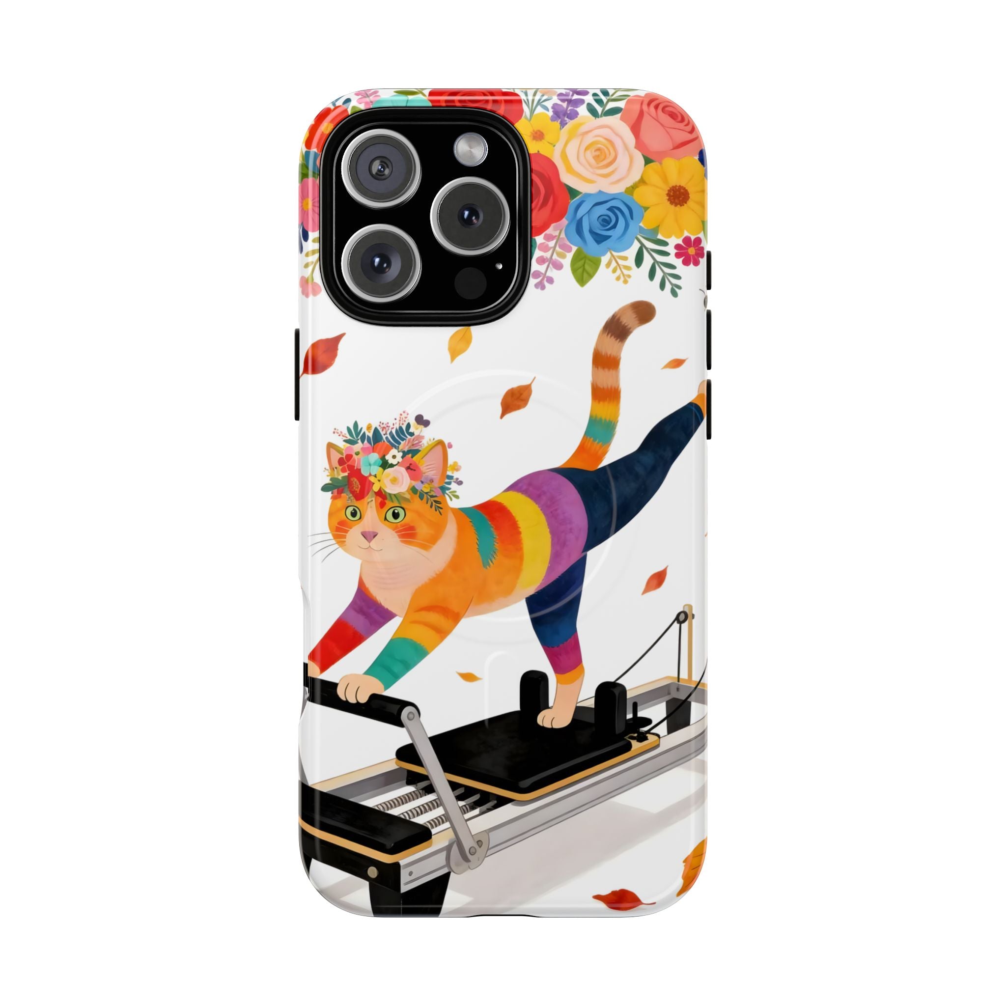 Cat Pilates MagSafe iPhone Case | Floral Rainbow Cat on Reformer