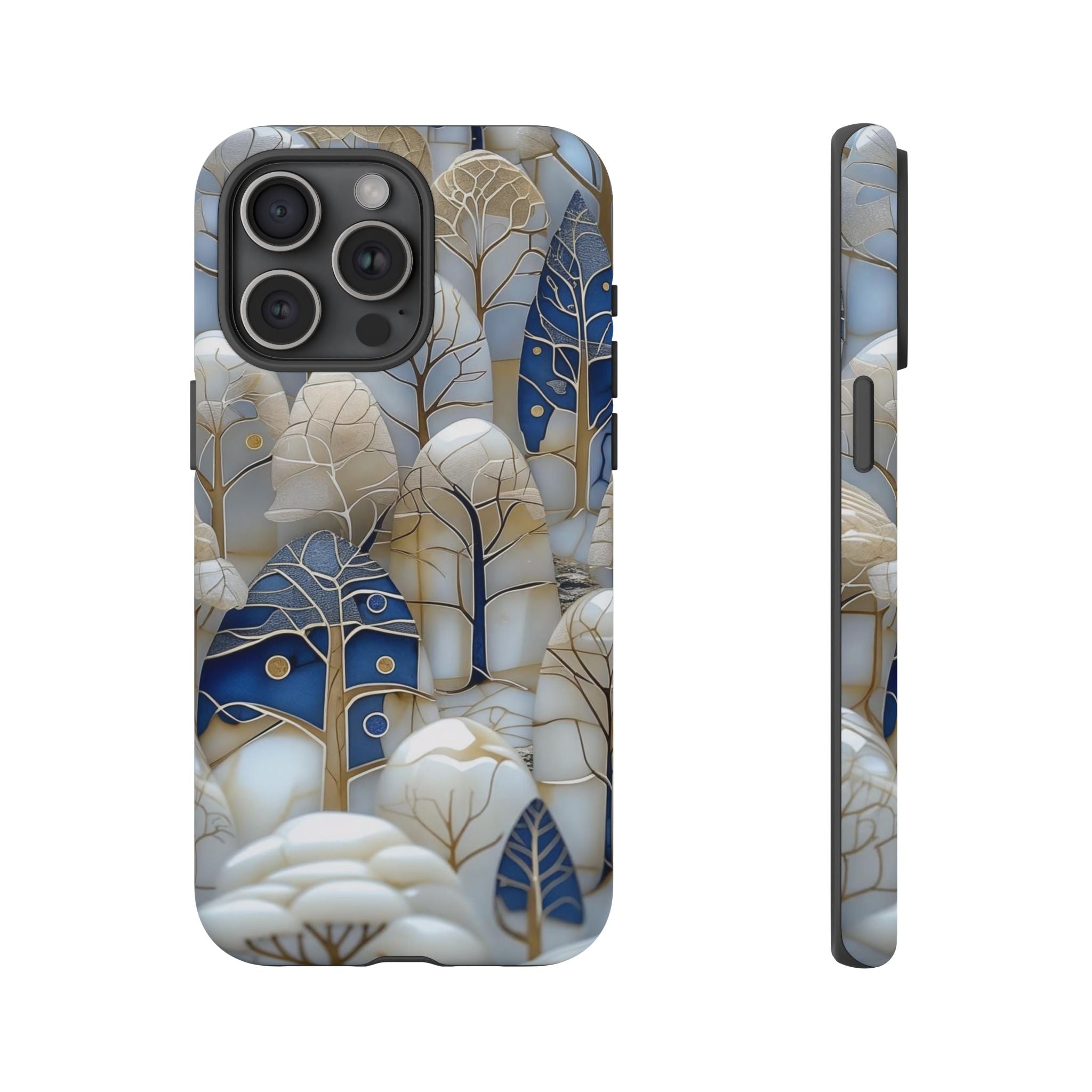 Blue Gold Winter Forest iPhone Case — Elegant Tree Pattern Tough Case