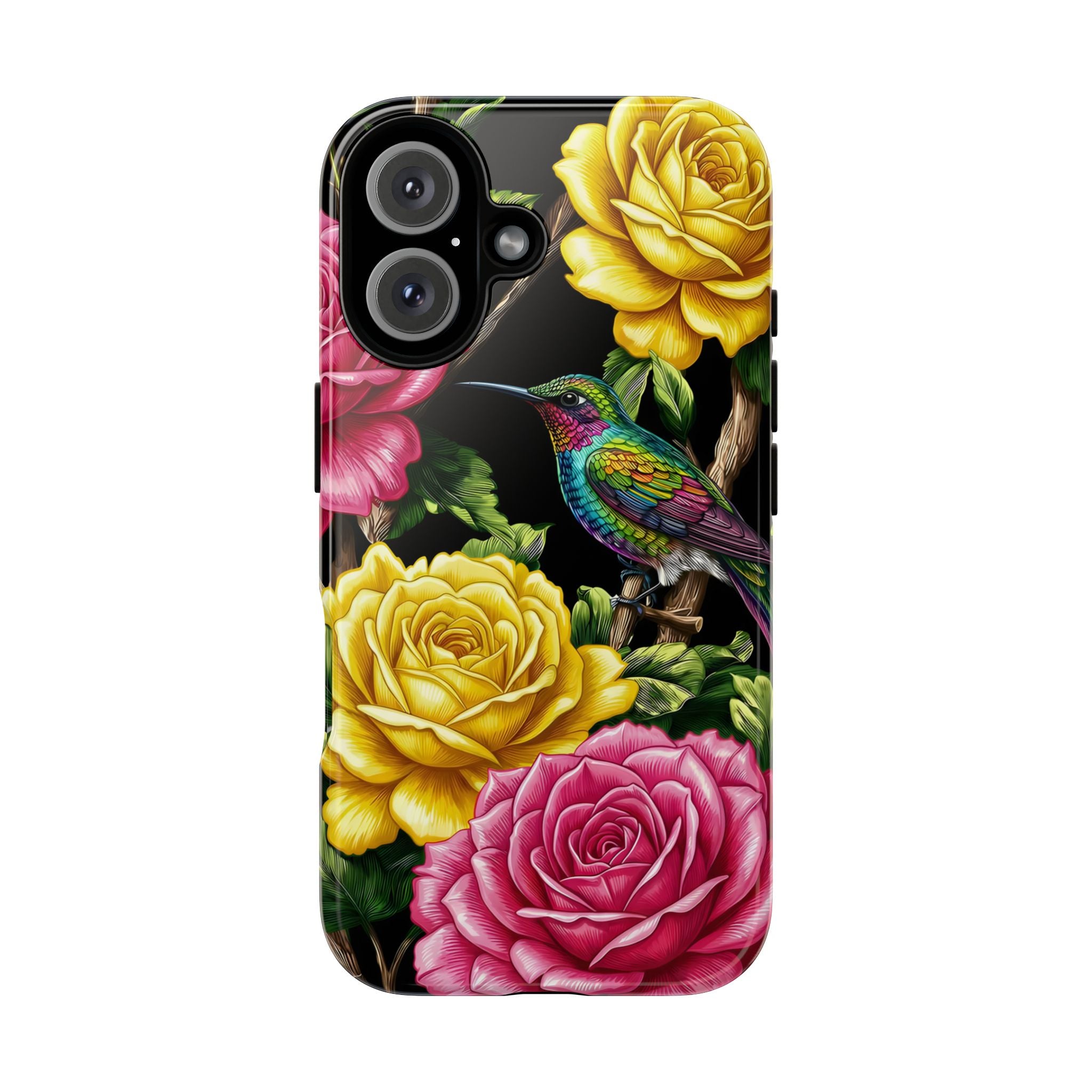 Floral Hummingbird Tough iPhone Case | Vibrant Rose & Yellow Garden Protection