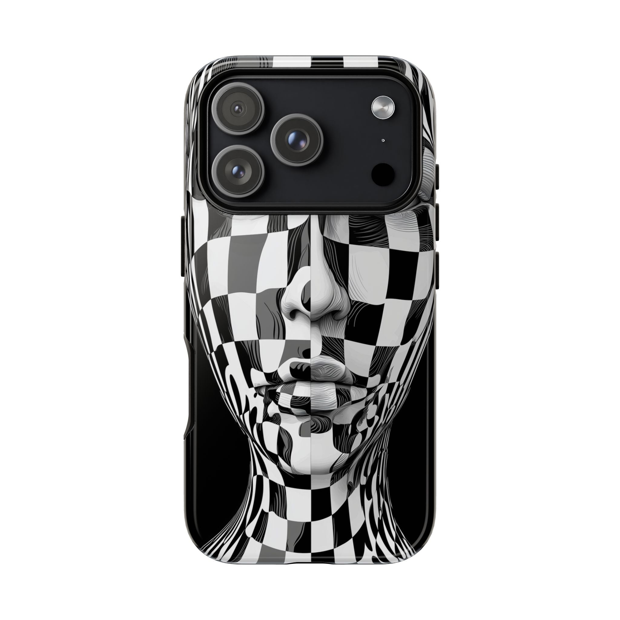 Checkerboard Face Tough iPhone Case — Black & White Surreal Art Protective Cover