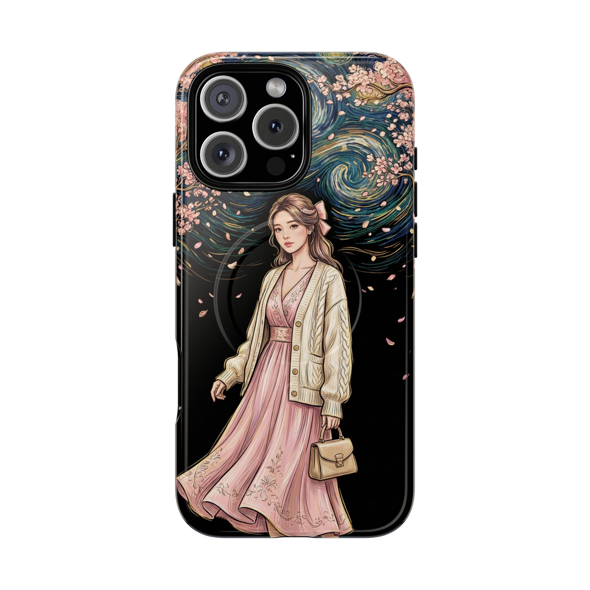 Floral Starry Night MagSafe iPhone Case | Elegant Girl in Pink Dress