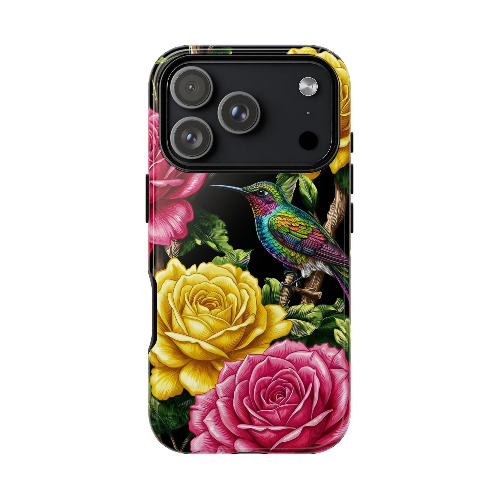 Floral Hummingbird Tough iPhone Case | Vibrant Rose & Yellow Garden Protection