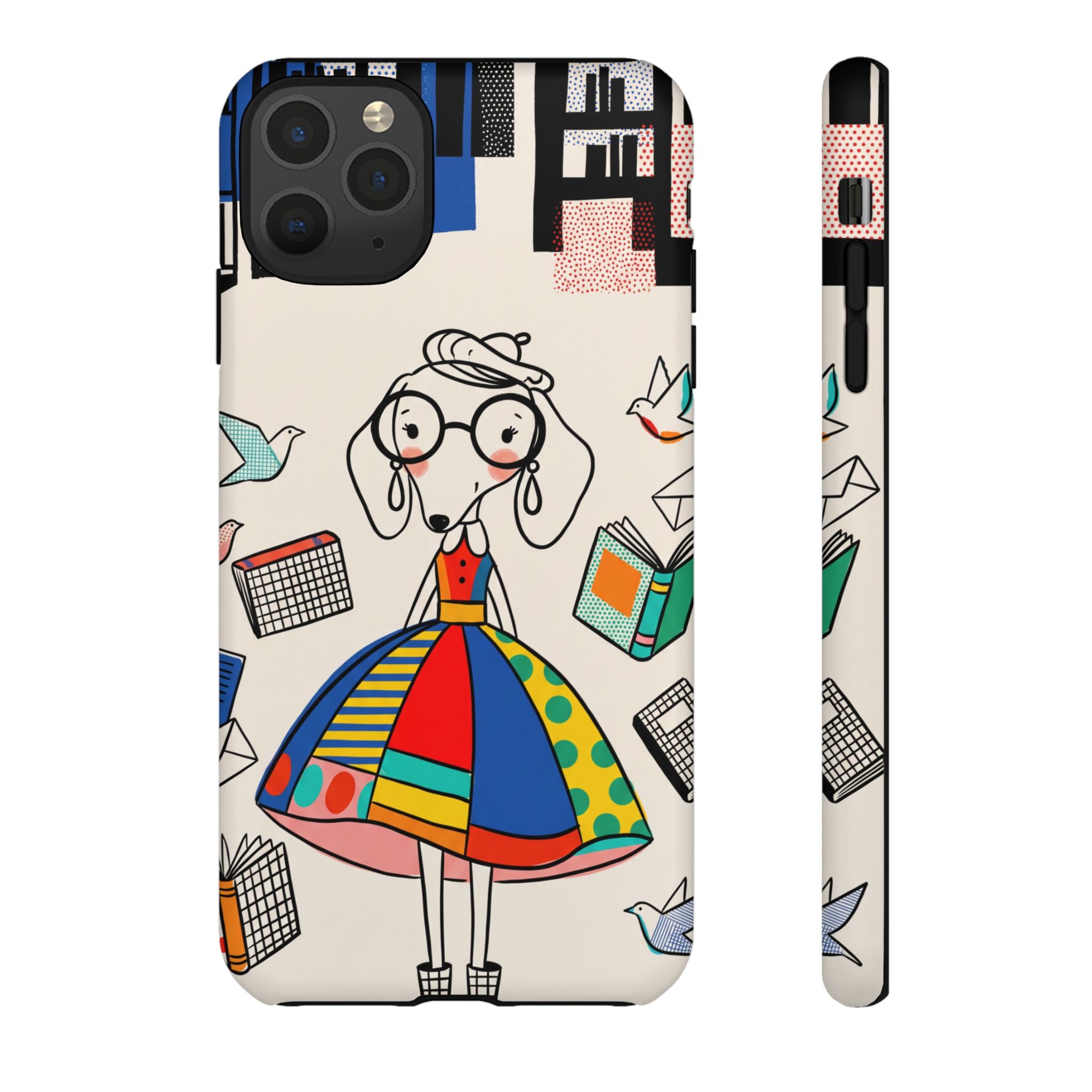 Cute Dachshund Dog Illustration iPhone Case | Colorful Whimsical Book & Bird Design