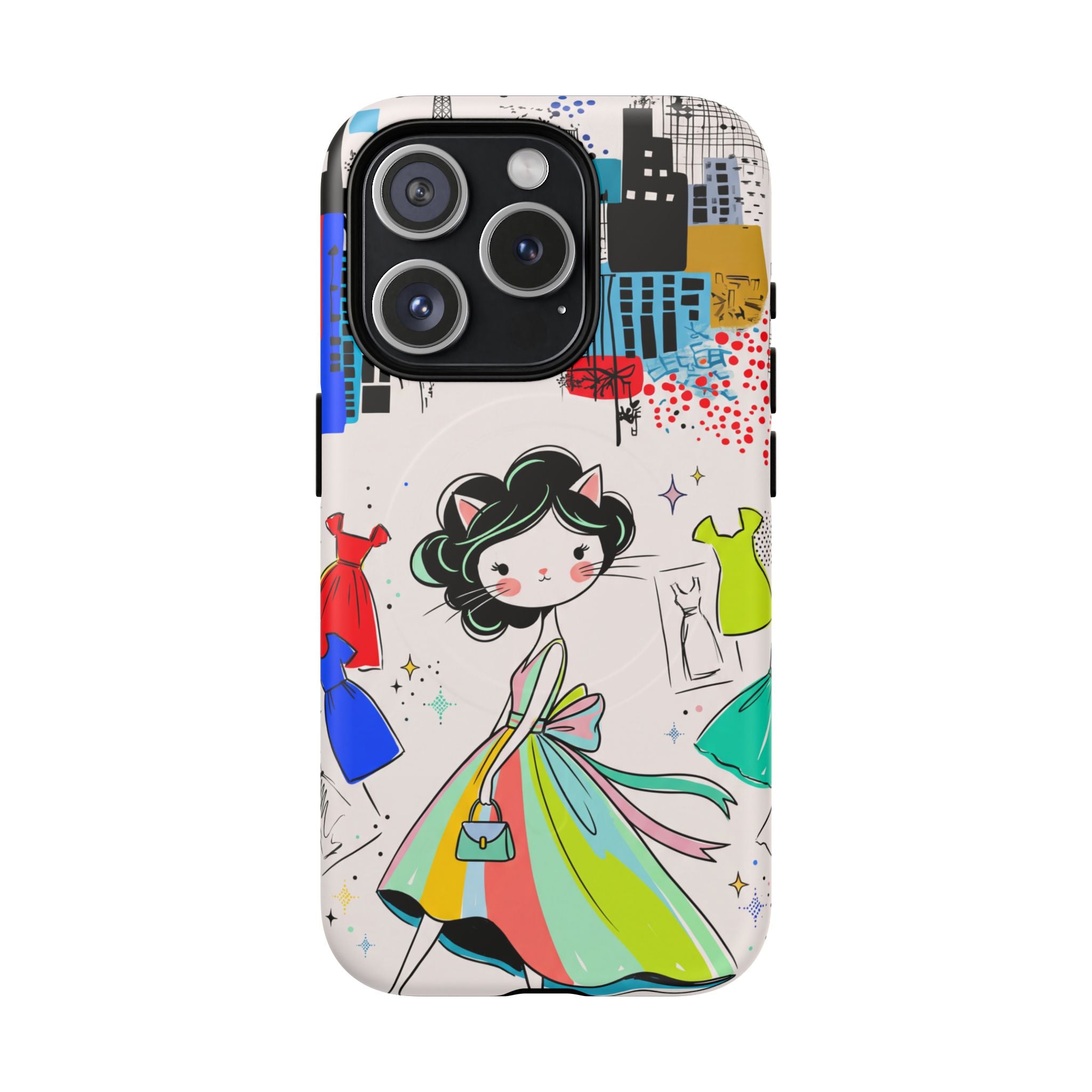 Retro Fashion Cat Girl MagSafe iPhone Case | Cute Dress & City Print