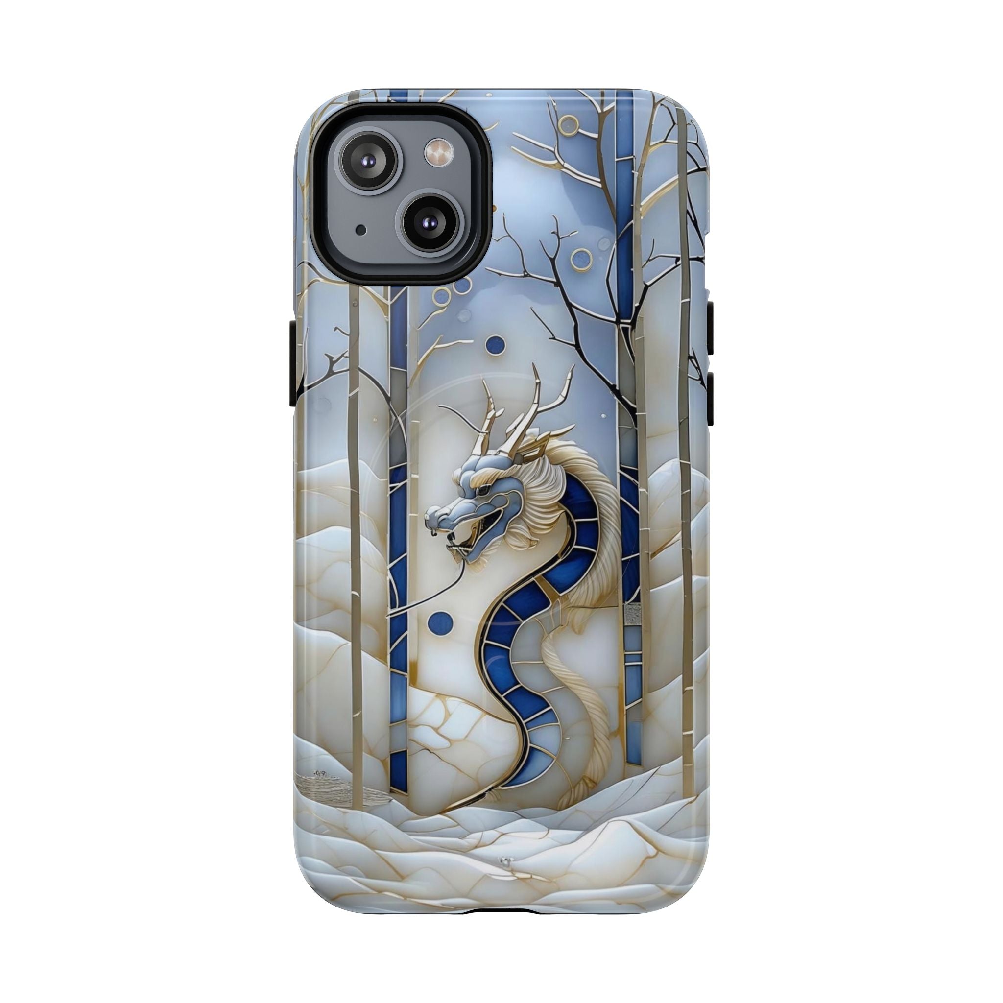 Dragon Stained Glass Tough MagSafe Phone Case — Blue & Ivory Medieval Art