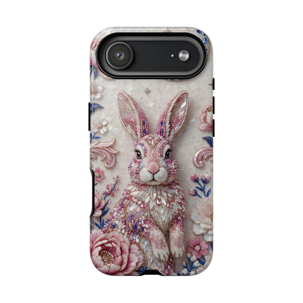 Floral Moon Rabbit Tough iPhone Case | Pink Boho Bunny Protective Cover