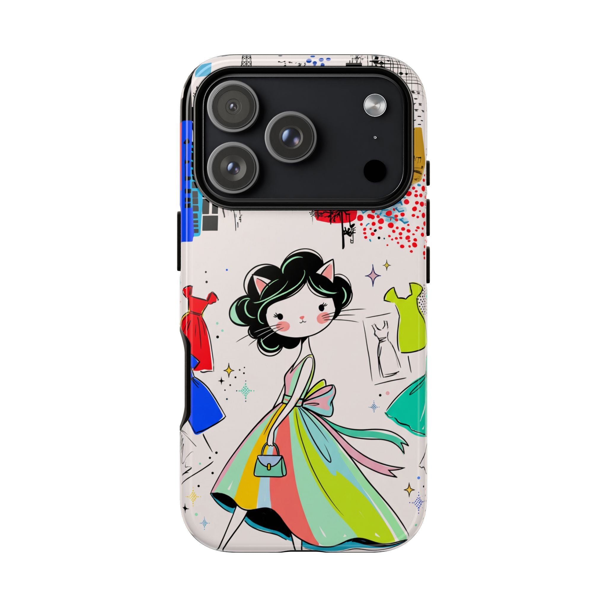 Retro Fashion Cat Girl iPhone Case | Cute Dress & City Print
