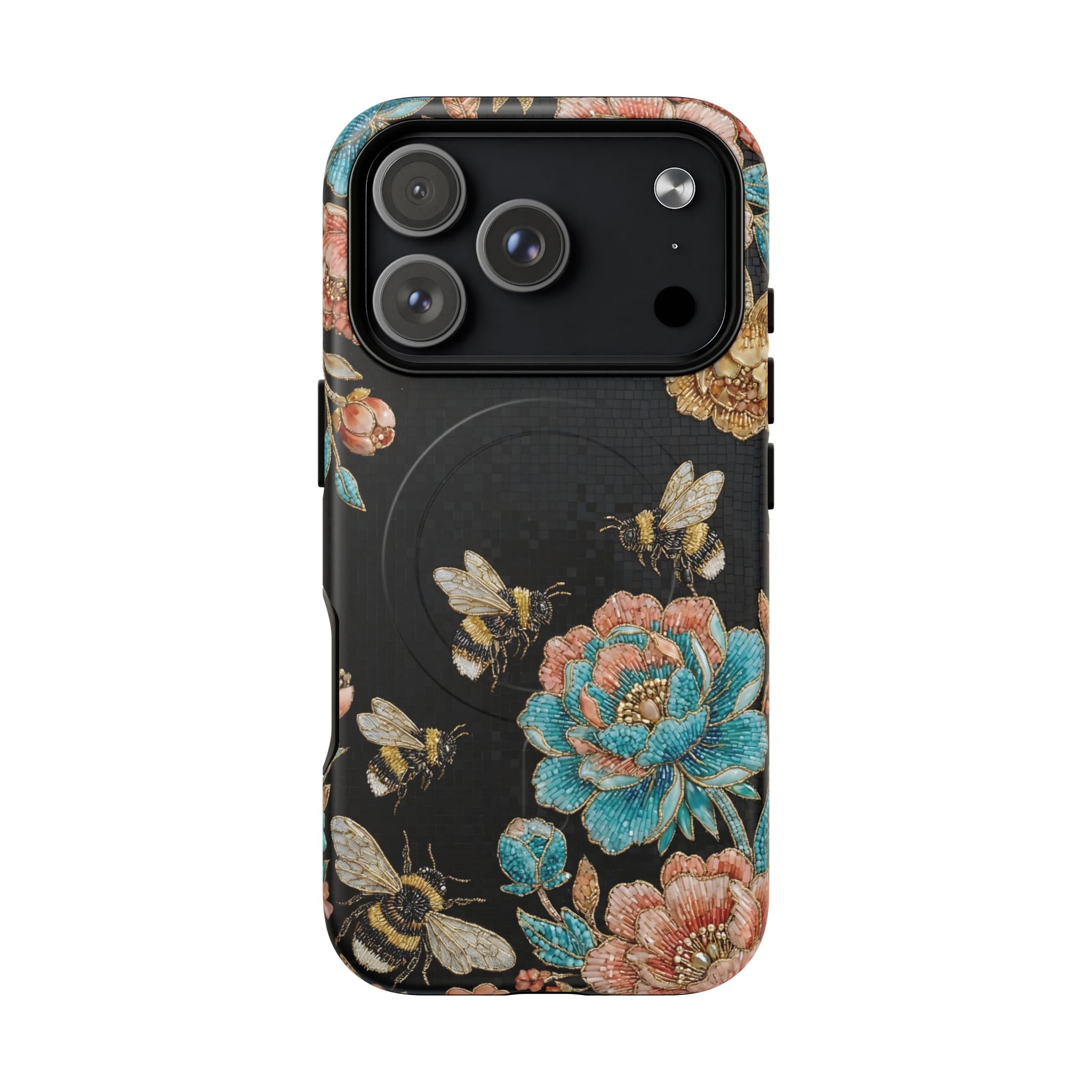 Floral Bees Tough MagSafe iPhone Case | Vintage Rose & Bumblebee Protective Cover