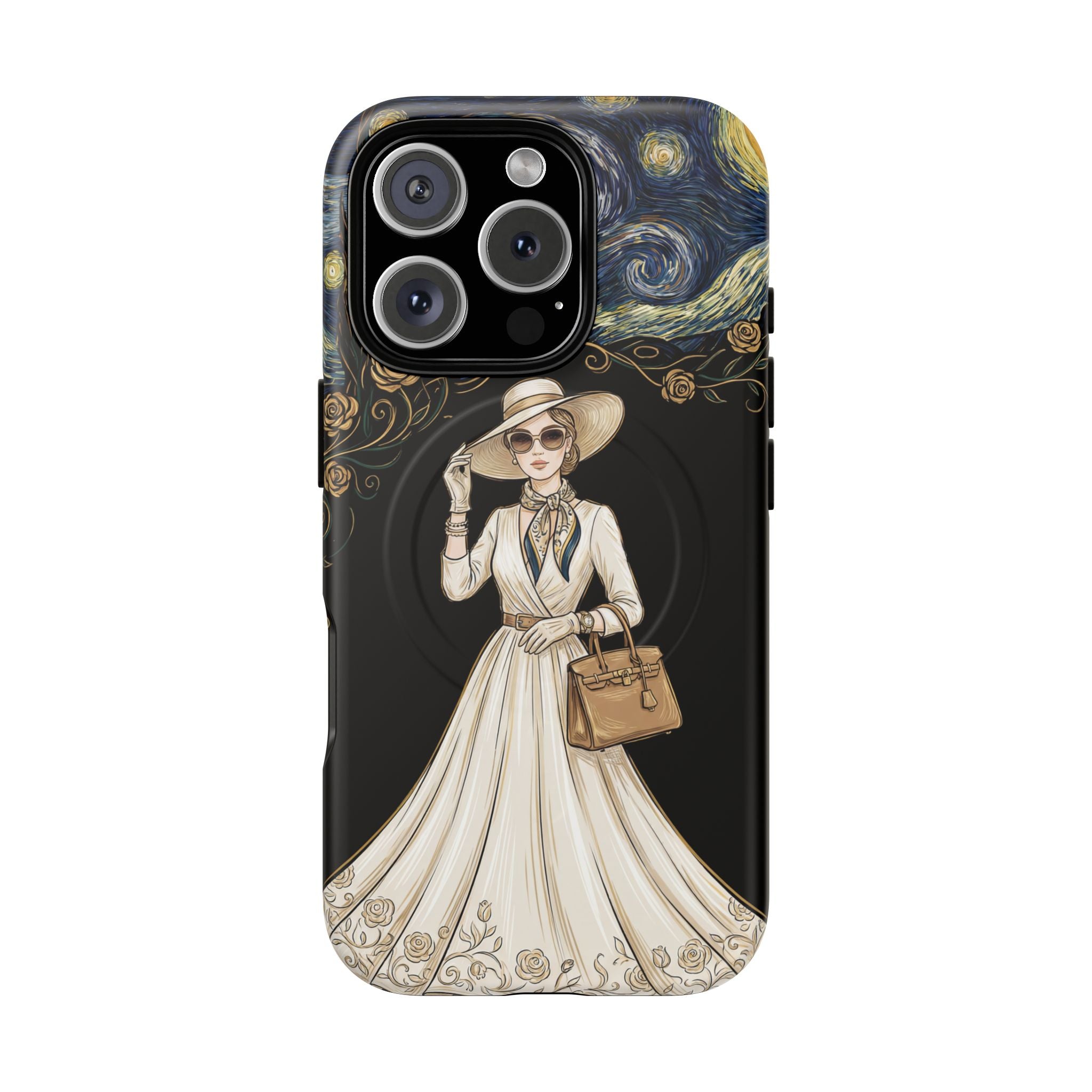 Vintage Starry Night Fashion MagSafe iPhone Case | Elegant Lady in White Dress