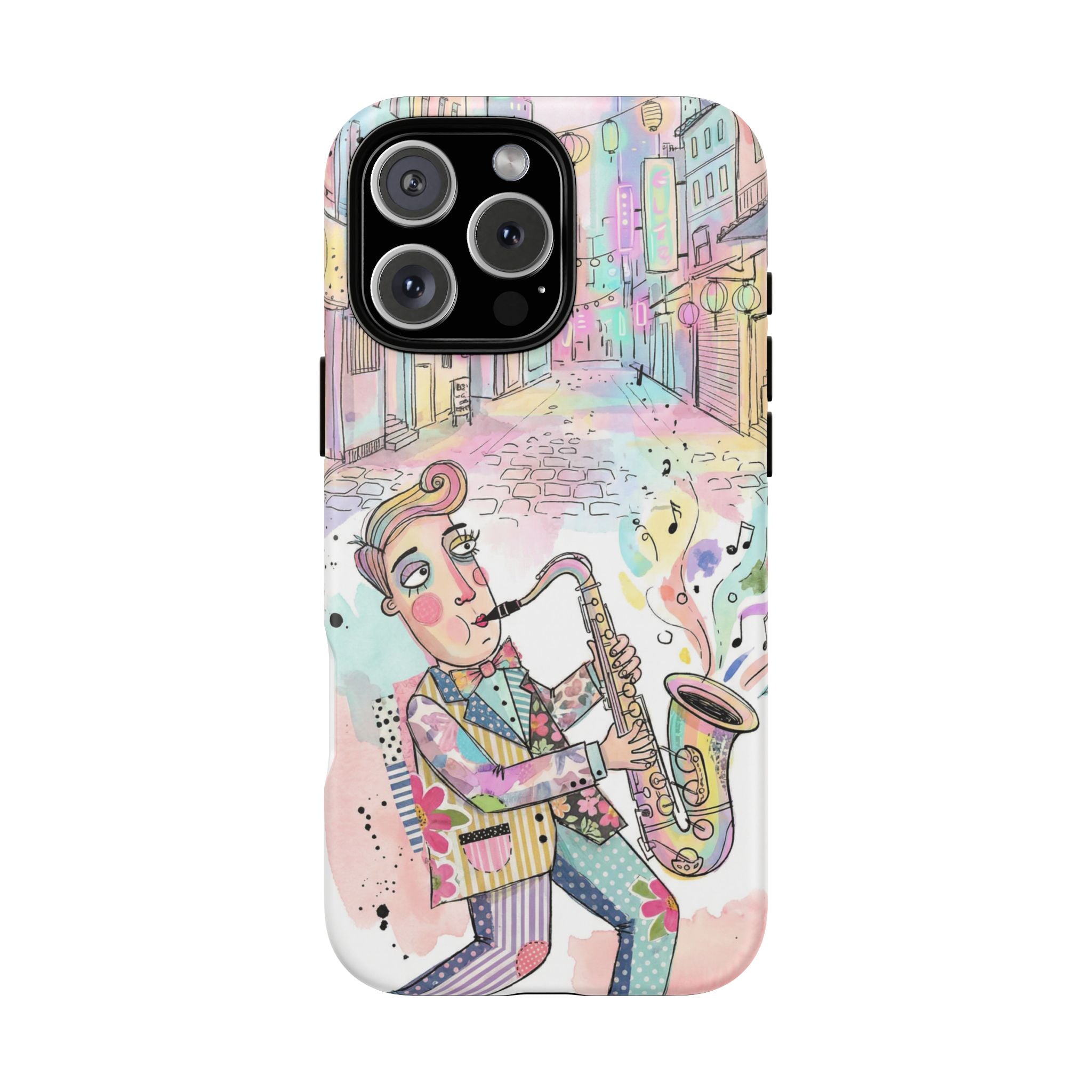 Sax Player Art iPhone Case | Pastel Jazz Street Illustration