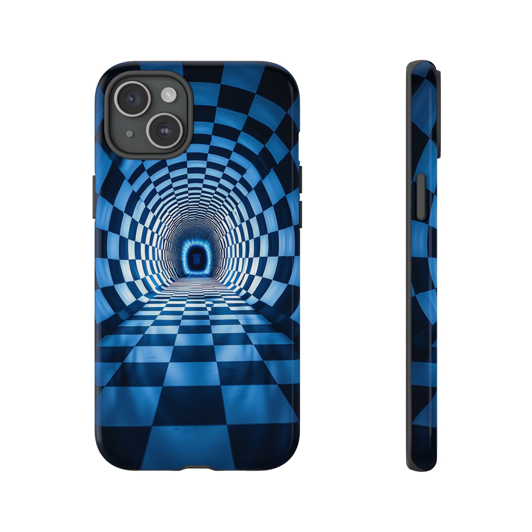 Blue Checkered Tunnel iPhone Case — 3D Optical Illusion Tough Case