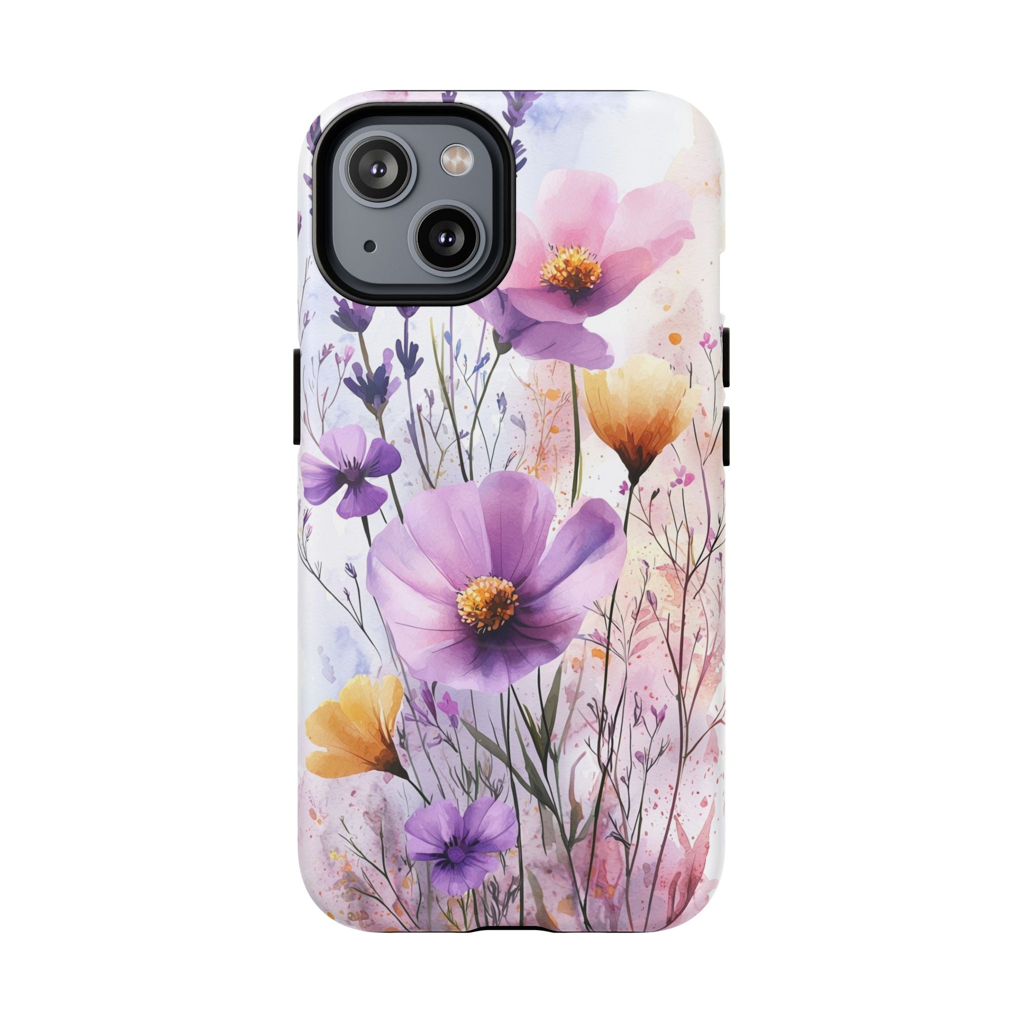 Custodia MagSafe resistente per iPhone con motivo acquerello floreale | Fiori di campo viola e gialli