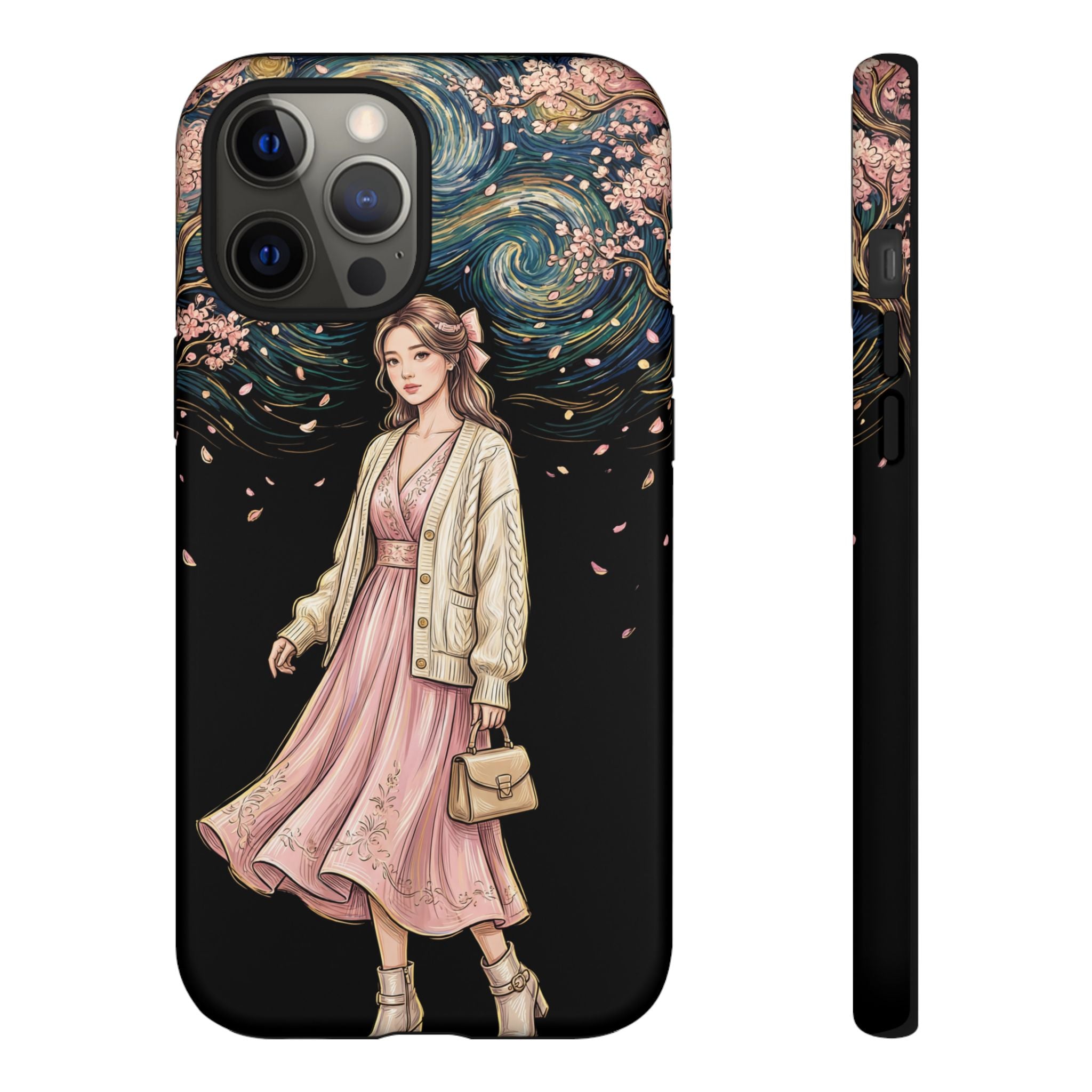 Floral Starry Night iPhone Case | Elegant Girl in Pink Dress