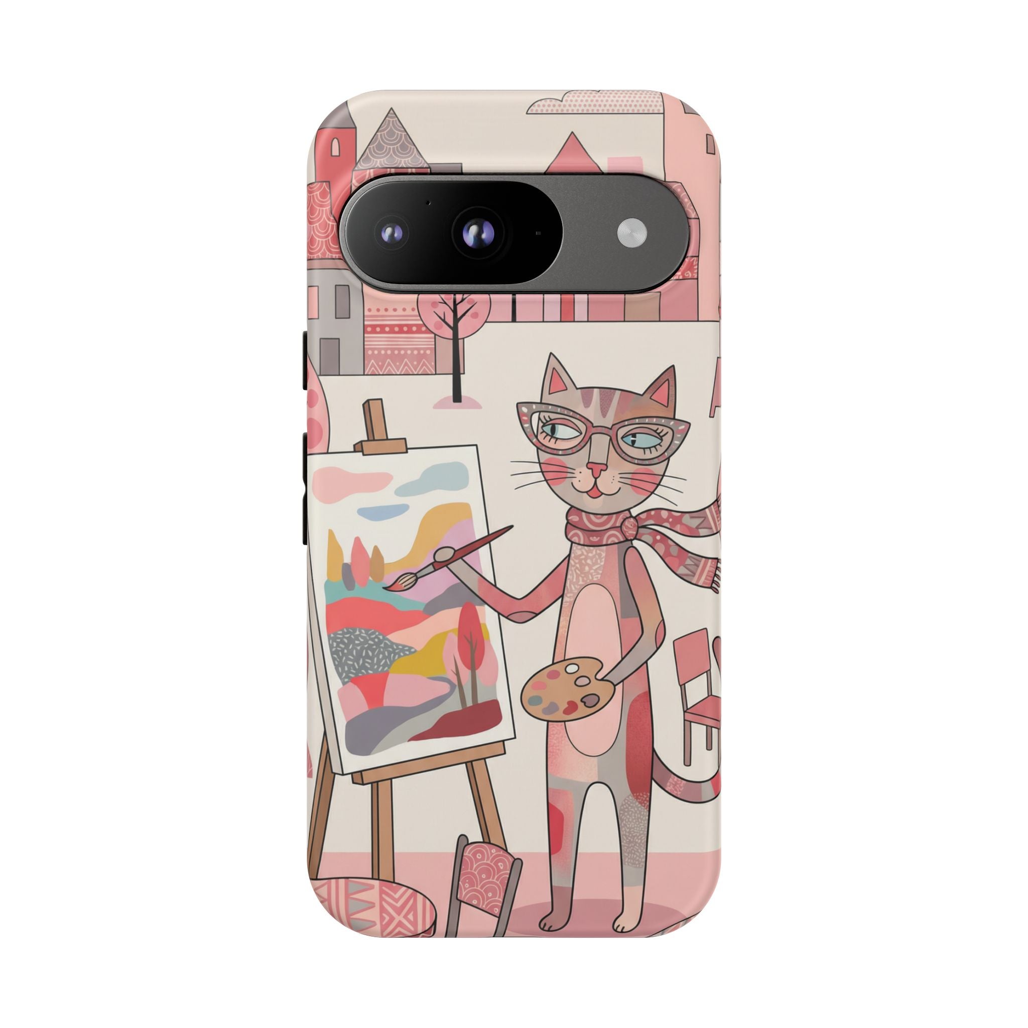 Artistic Cat Google Pixel Phone Case | Painter Kitty Illustration Tough Case
