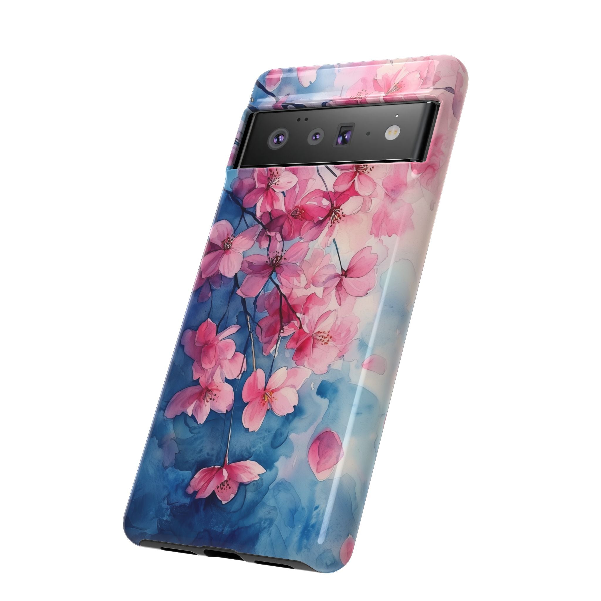 Floral Cherry Blossom Google Pixel Case | Pink Blue Watercolour