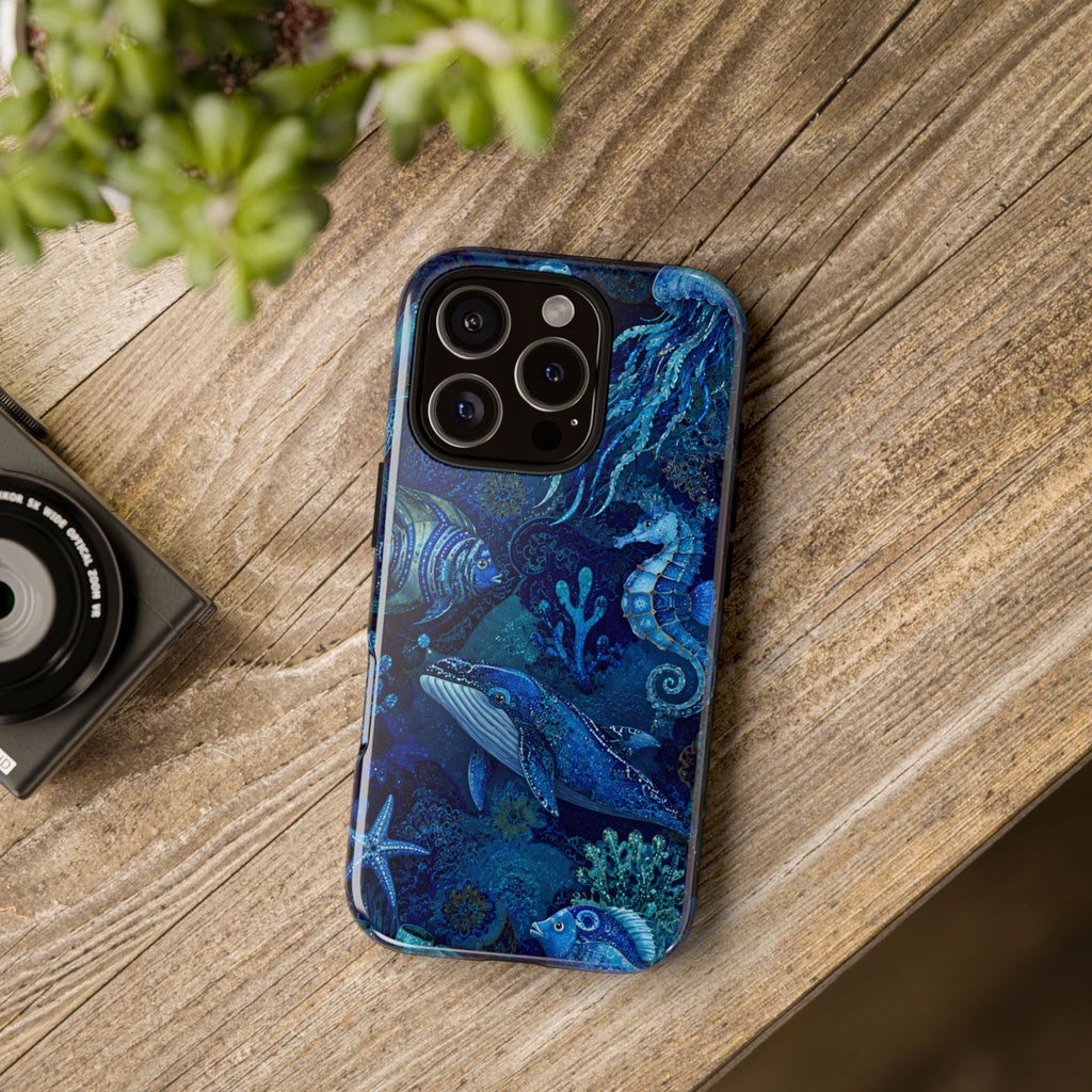 Ocean Animals Tough iPhone Case | Navy Blue Undersea Whale Cover