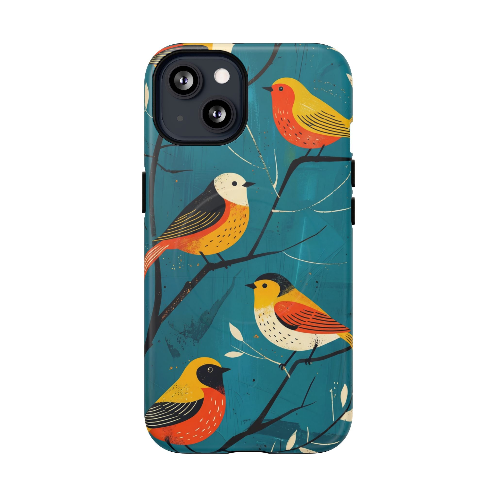 Bird Pattern Tough MagSafe iPhone Case | Colourful Songbirds on Teal Background