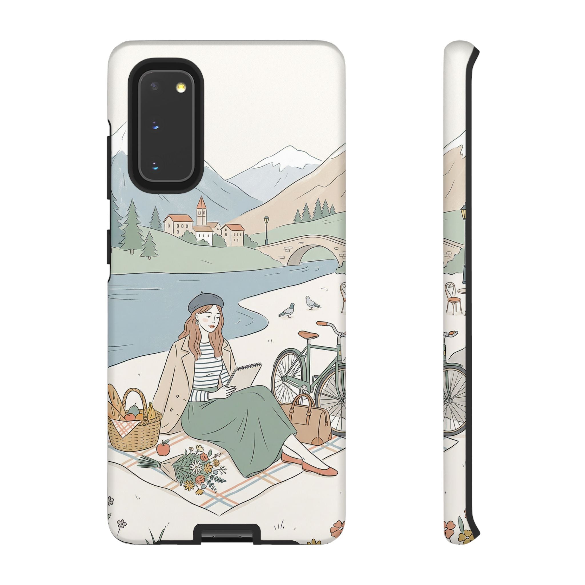 Scenic Picnic Samsung Galaxy Phone Case | Vintage Bicycle & Mountain Illustration