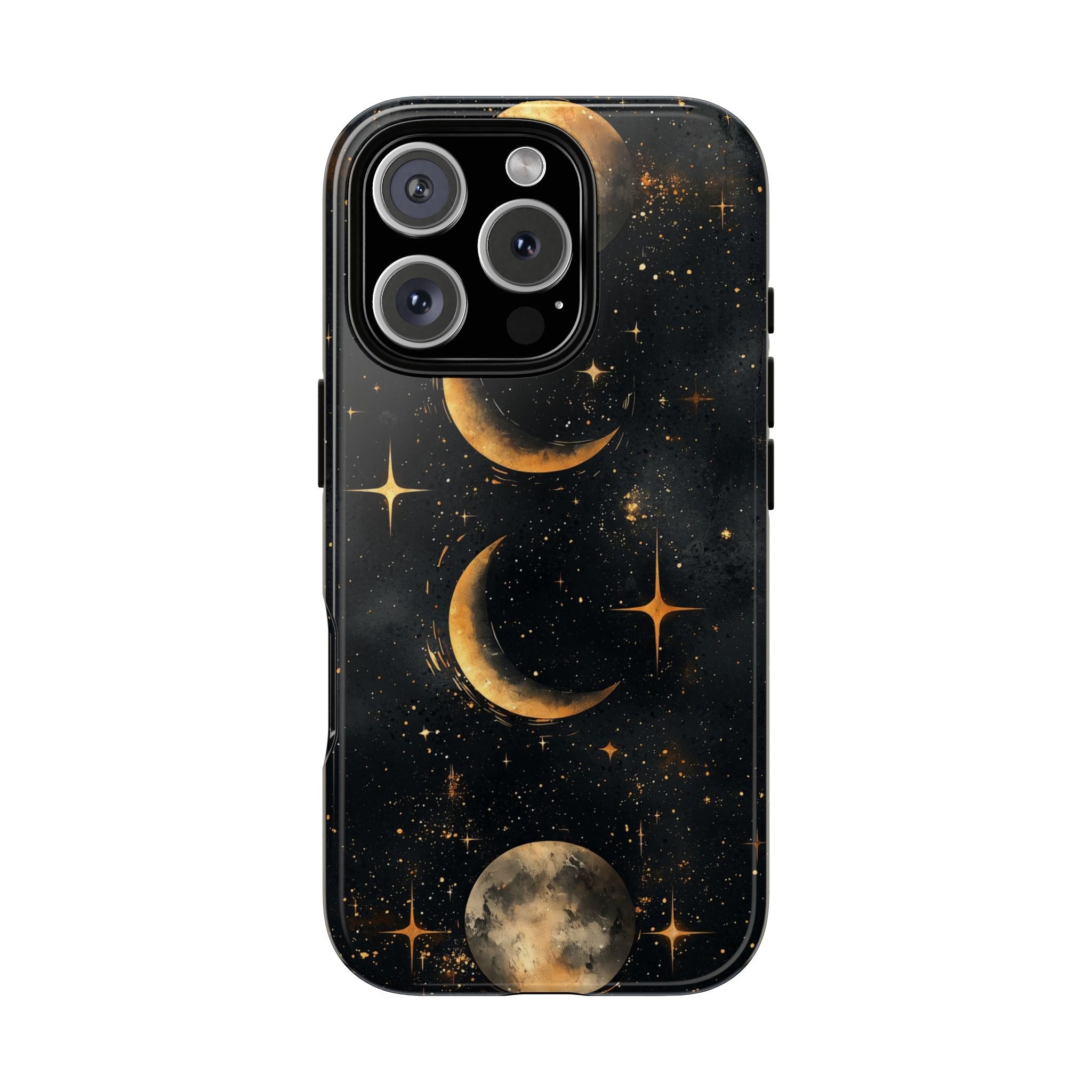 Celestial Moon Phases Tough iPhone Case | Gold Crescent & Full Moon Galaxy Design