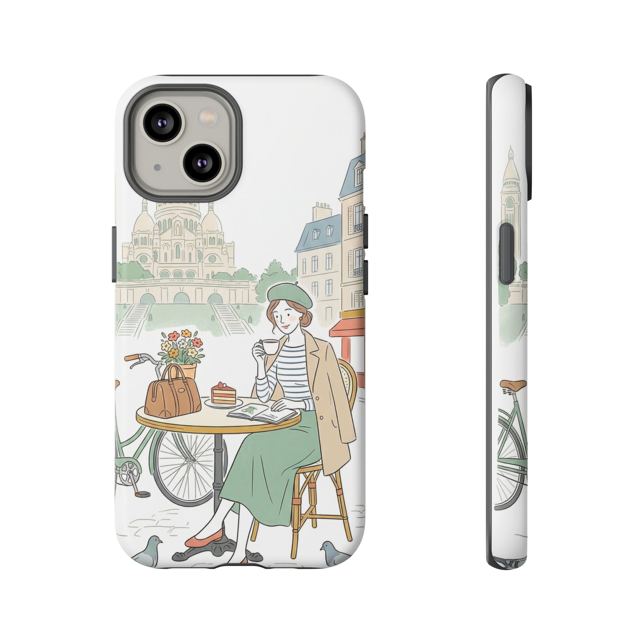 Paris Cafe Illustration iPhone Case | Vintage Bicycles & Pigeons Protective Cover