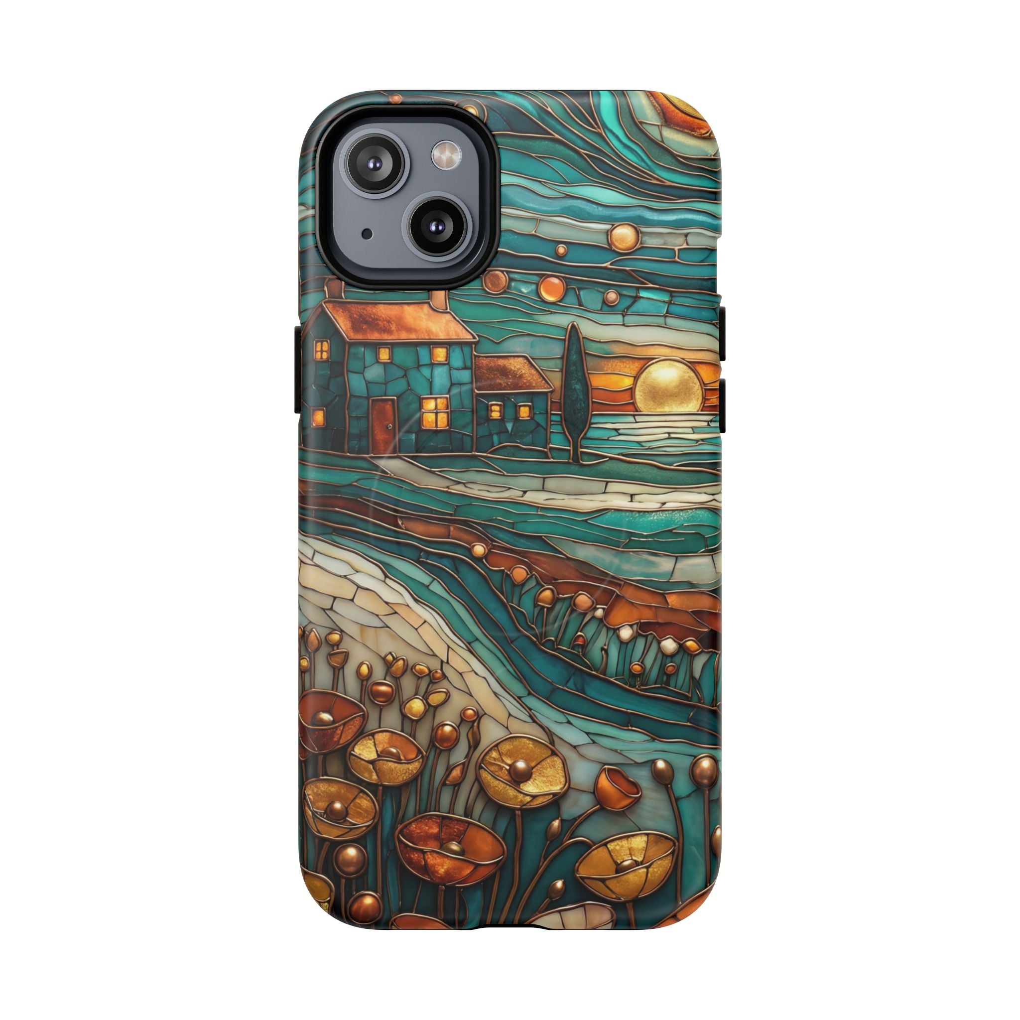 Custodia per telefono MagSafe resistente con paesaggio rustico al tramonto | Custodia protettiva artistica color verde acqua e rame