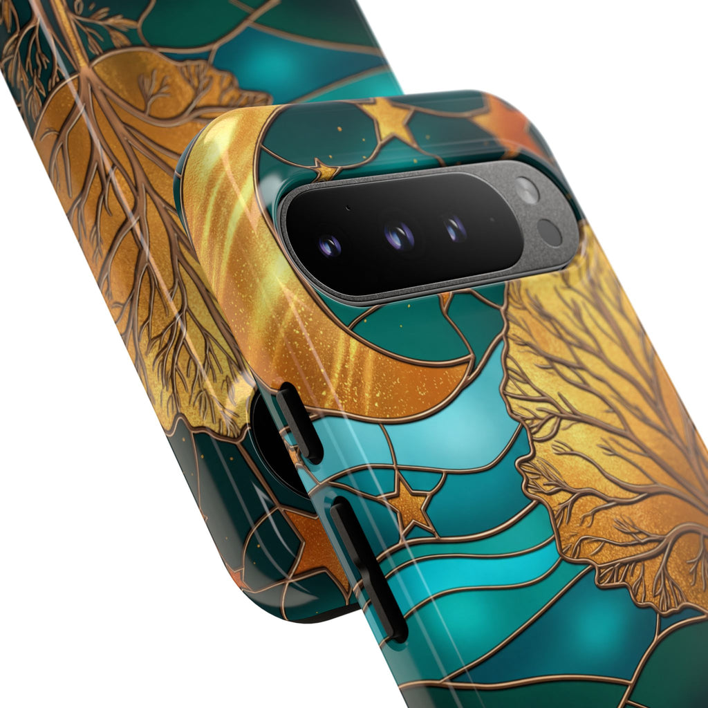Stained Glass Night Cat Google Pixel Case | Teal & Gold Art Deco Protection