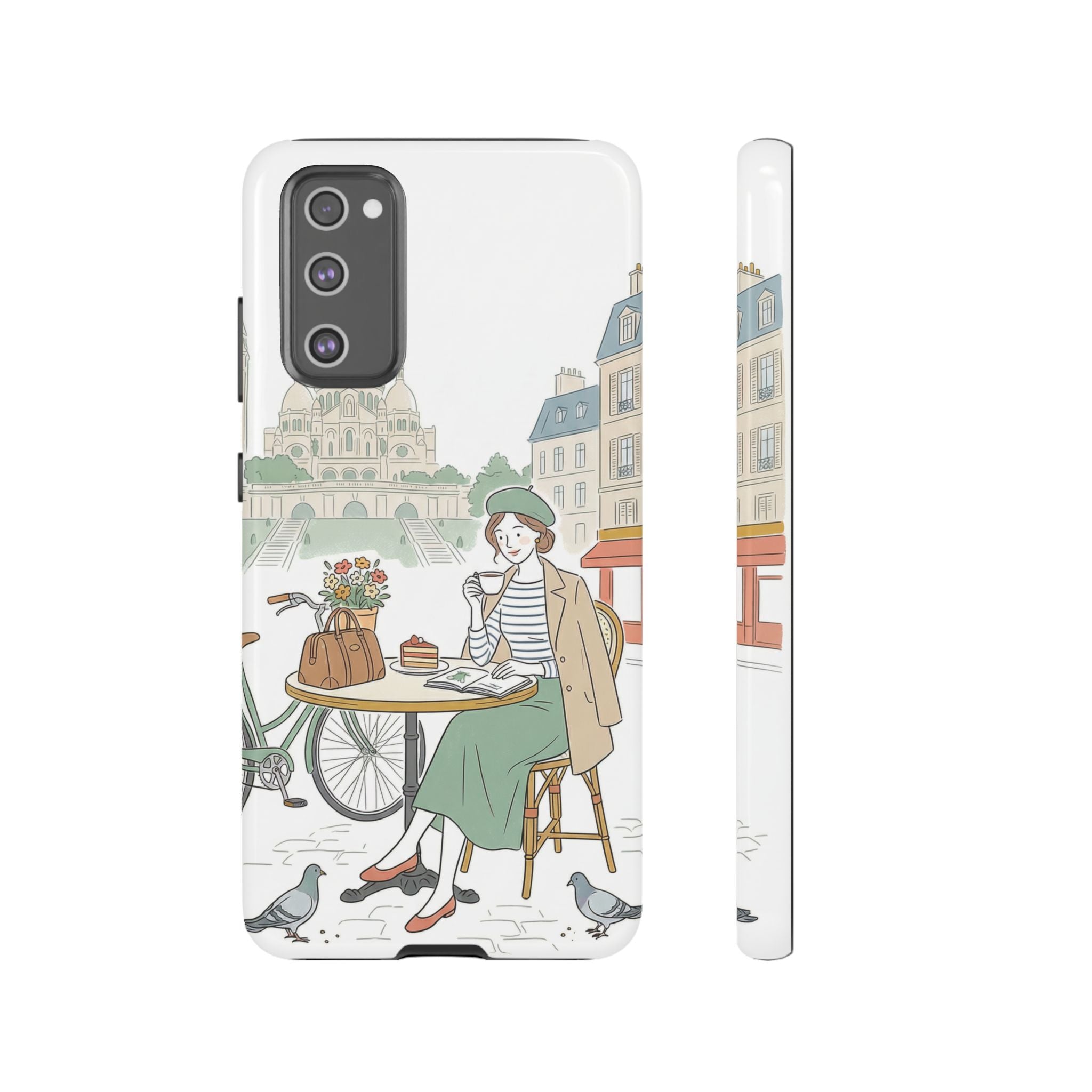Paris Cafe Illustration Samsung Galaxy Phone Case | Vintage Bicycles & Pigeons Protective Cover
