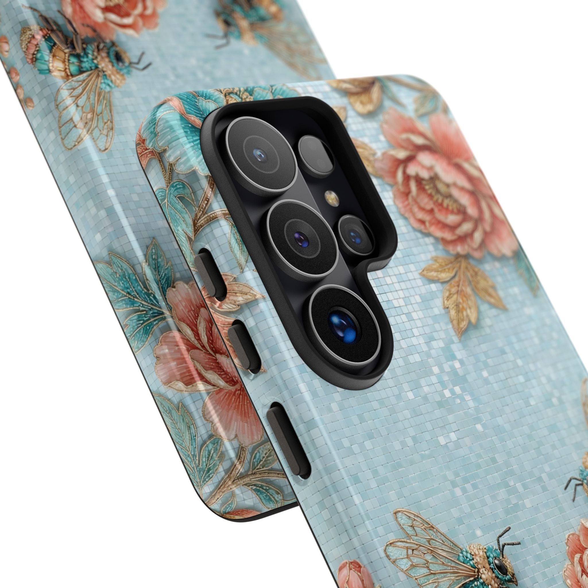 Floral Bees Samsung Galaxy Phone Case | Vintage Rose & Turquoise Protective Cover