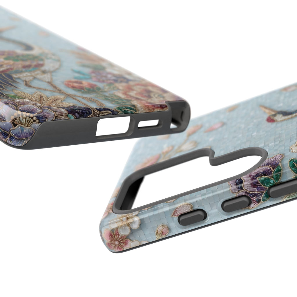 Custodia per telefono Samsung Galaxy resistente Gru floreale | Protezione uccello ricamato vintage