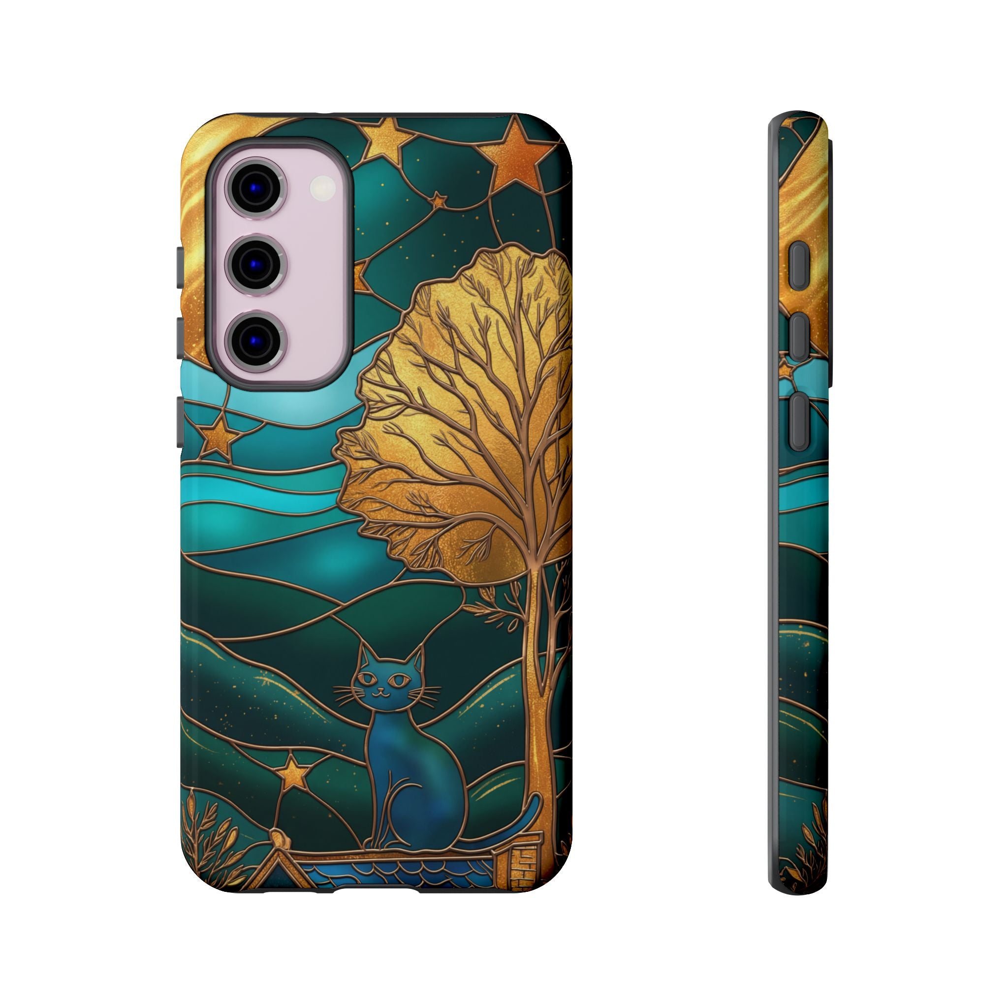 Stained Glass Cat Tough Samsung Galaxy Case | Gold Tree & Starry Night Design