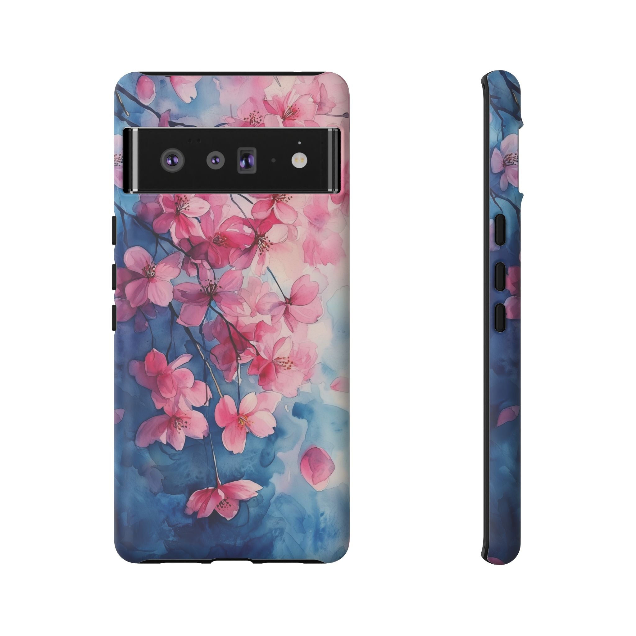 Floral Cherry Blossom Google Pixel Case | Pink Blue Watercolour