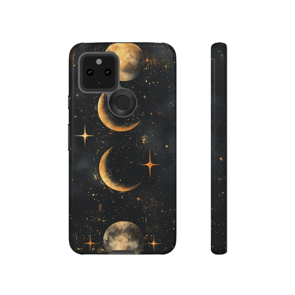 Celestial Moon Phases Tough Google Pixel Case | Gold Crescent & Full Moon Galaxy Design