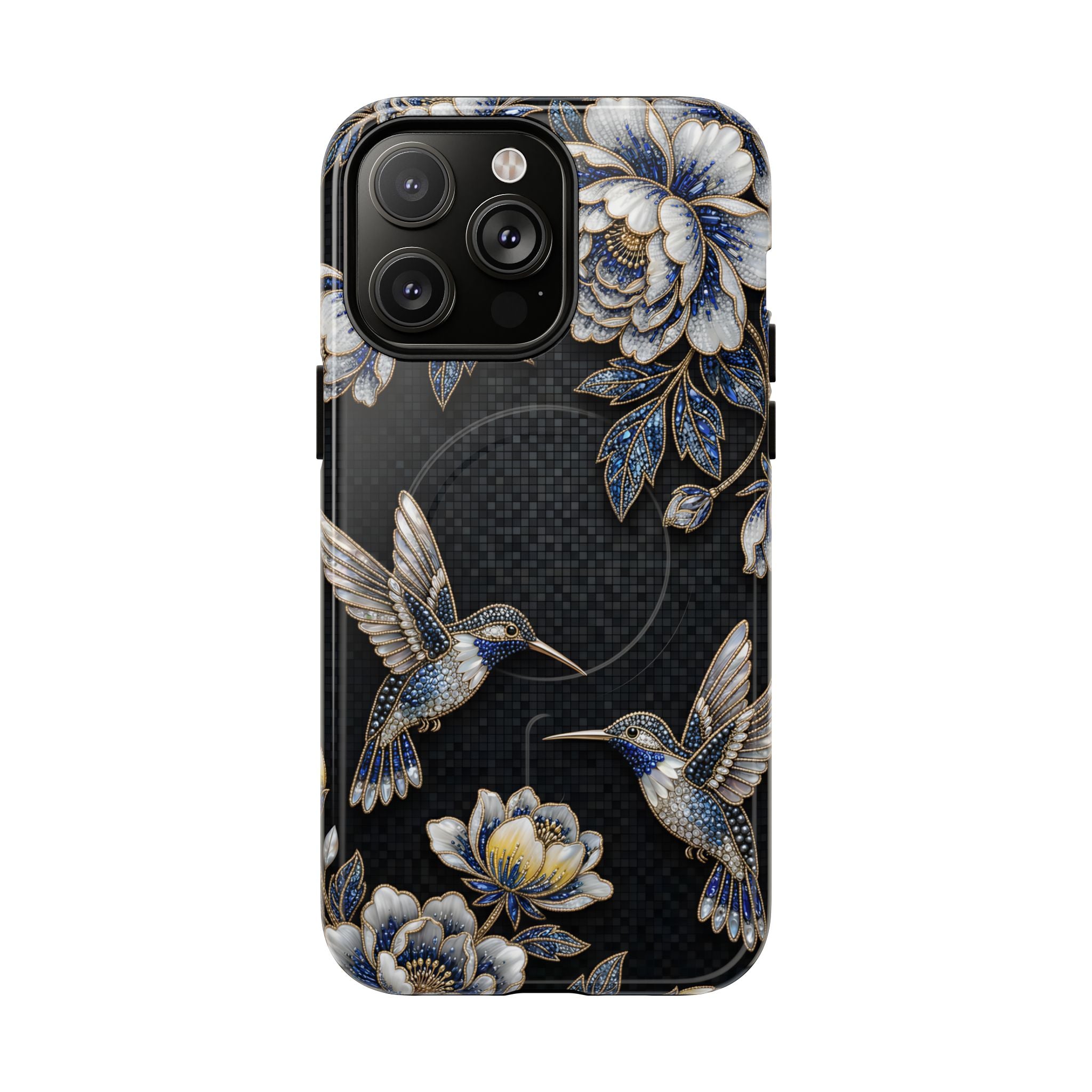 Hummingbird & Peony Floral MagSafe iPhone Case | Elegant Black Protective Cover
