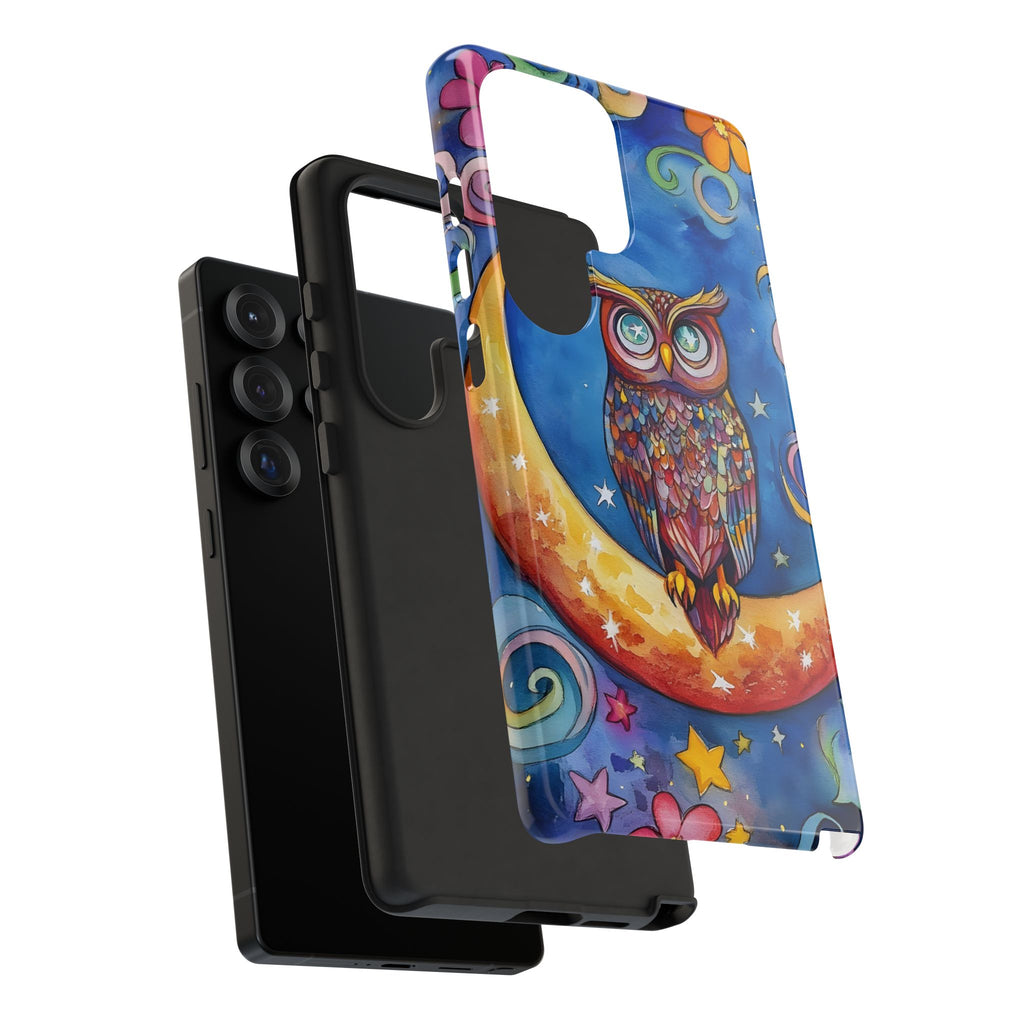 Owl on Crescent Moon Samsung Galaxy Case — Colourful Whimsical Night Sky Design