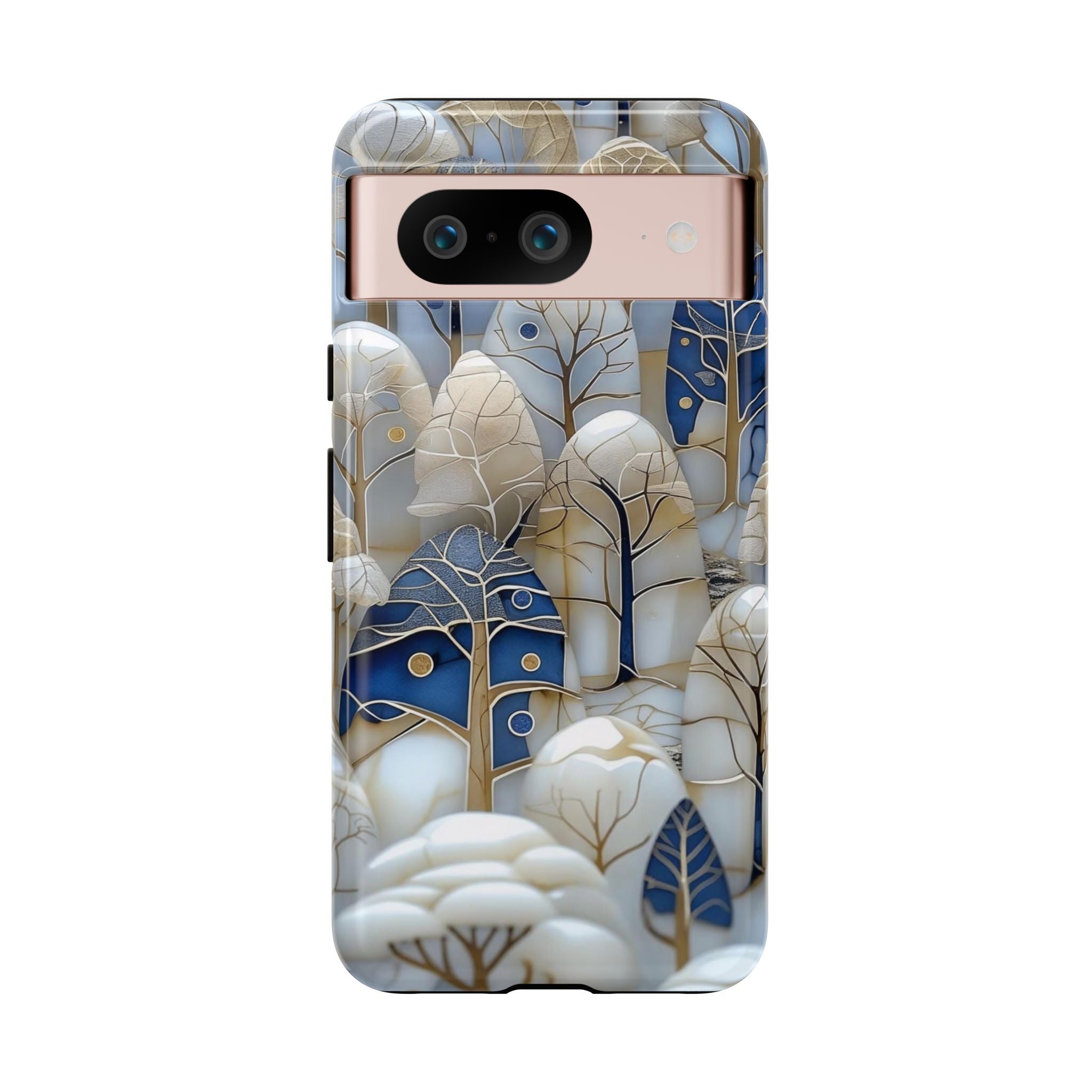 Blue Gold Winter Forest Google Pixel Case — Elegant Tree Pattern Tough Case