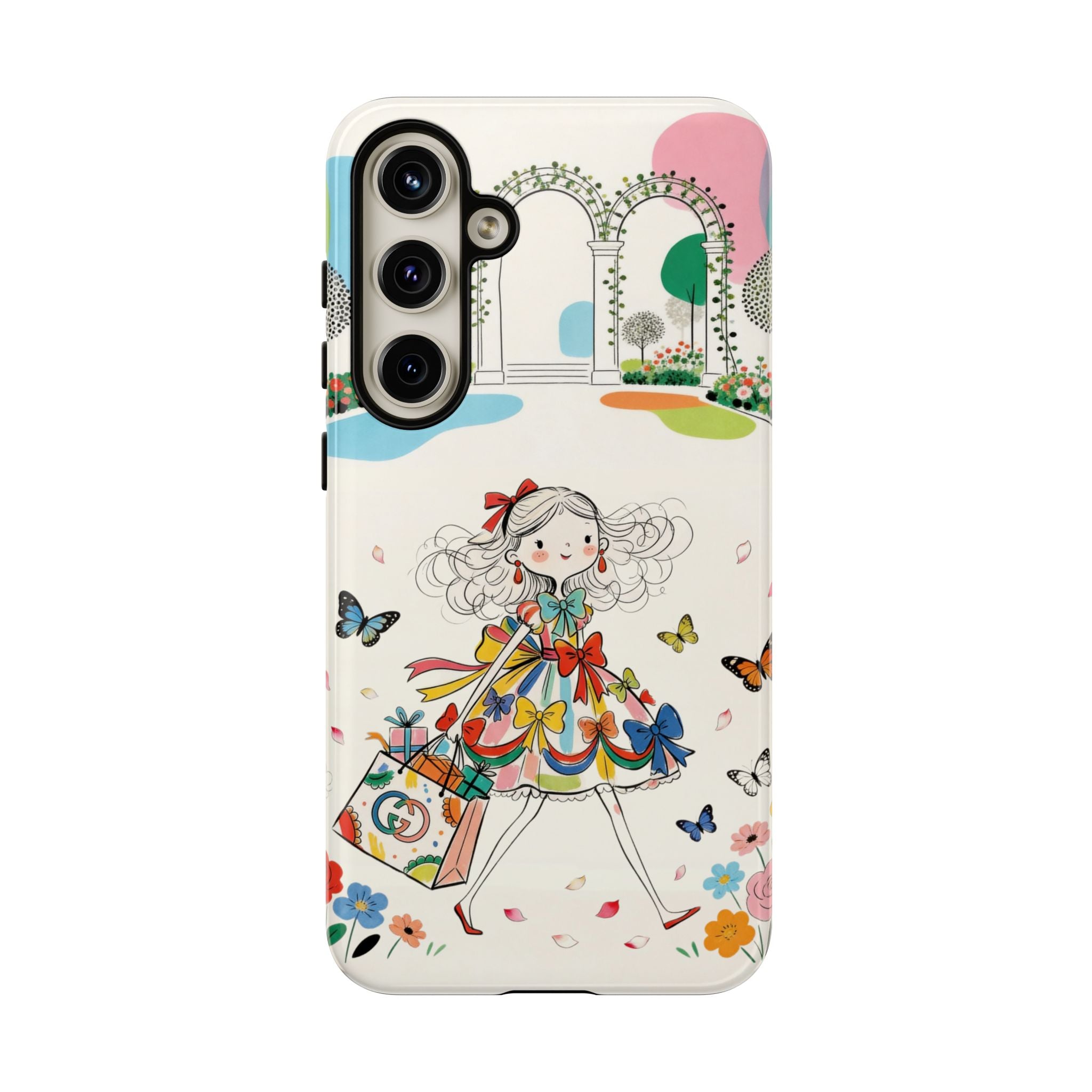 Whimsical Shopping Girl Samsung Galaxy Phone Case | Cute Floral Butterfly Tough Case