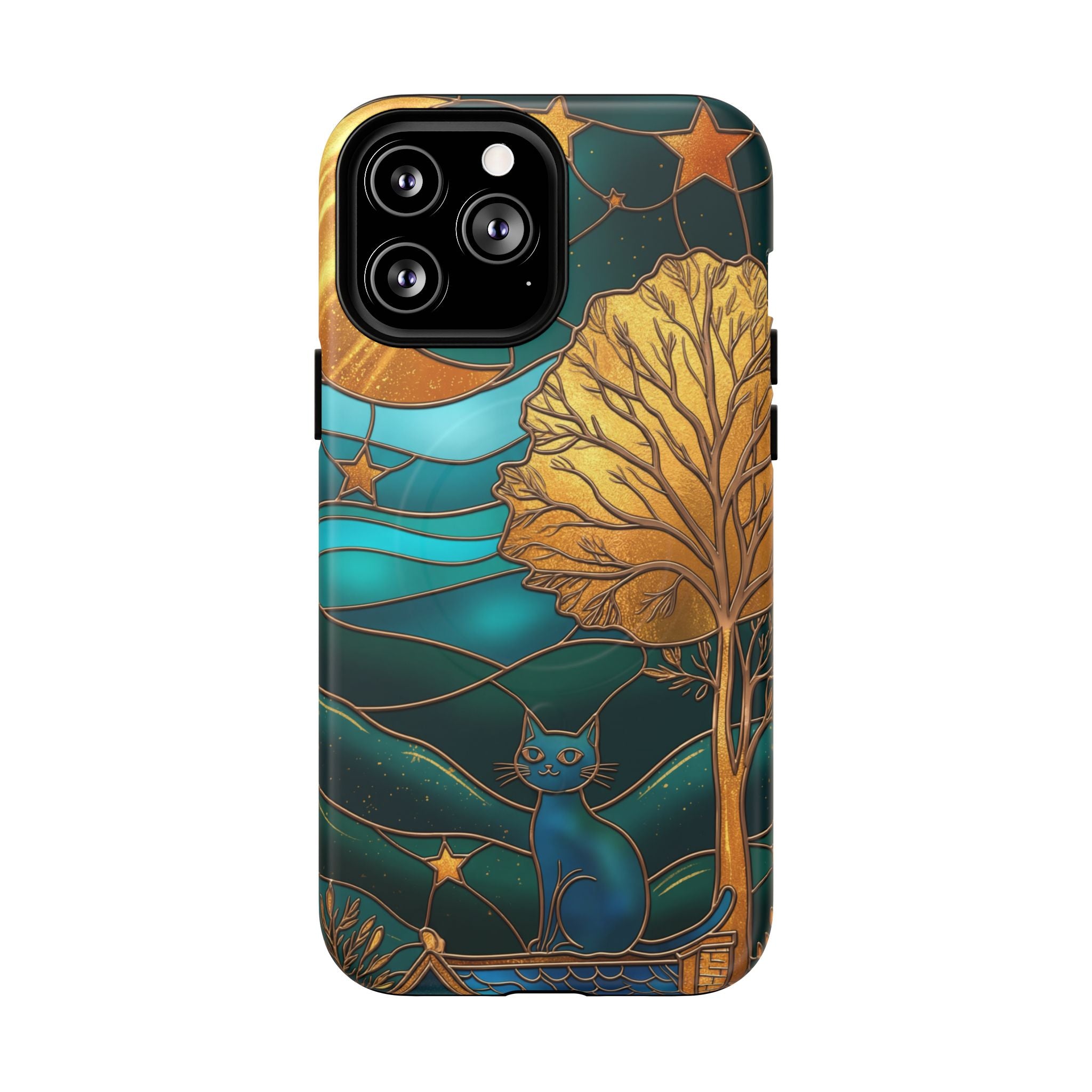 Art Nouveau Cat iPhone Case | Stained Glass Moon & Tree Tough MagSafe Case