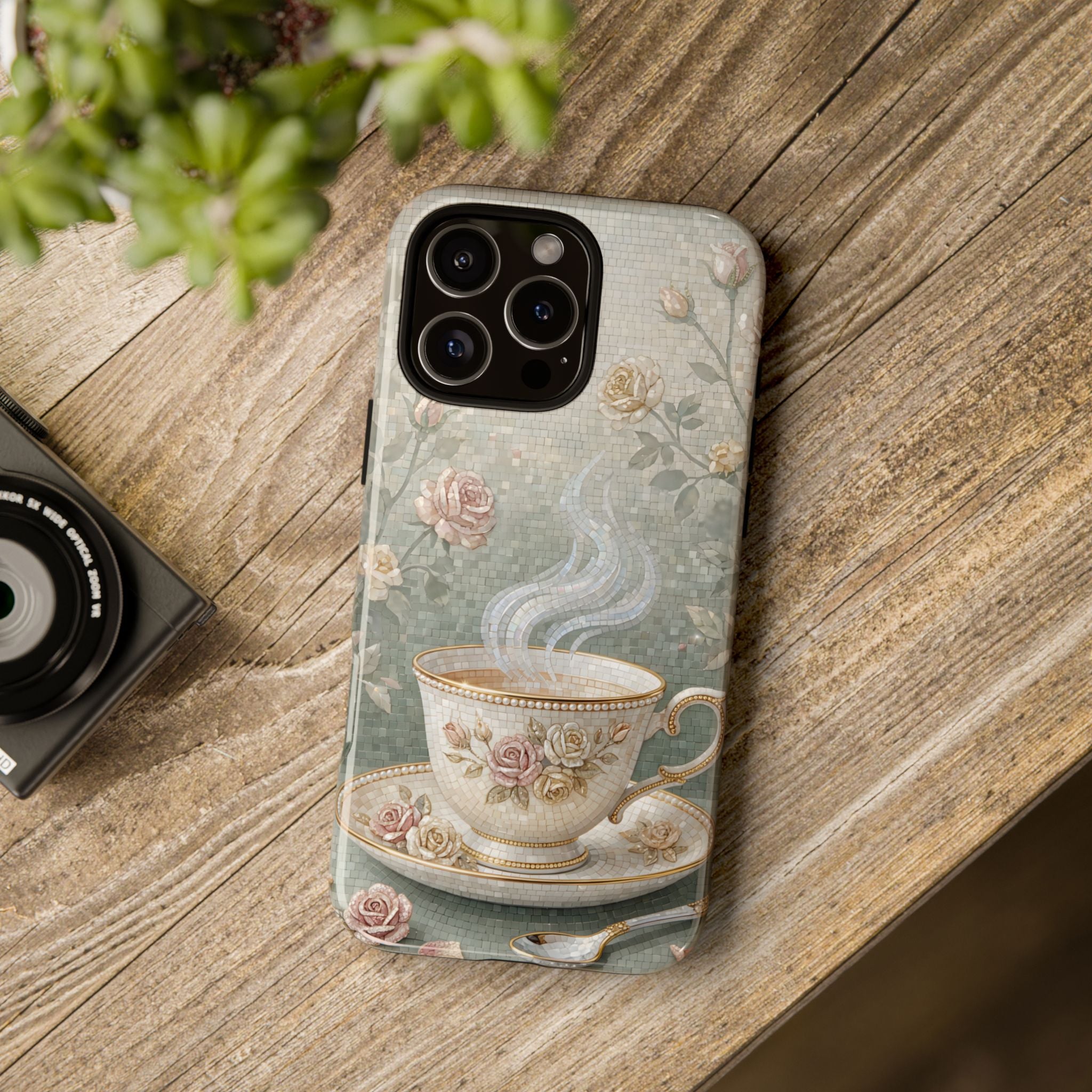 Custodia per iPhone a forma di tazza di tè floreale vintage — Elegante custodia romantica per smartphone
