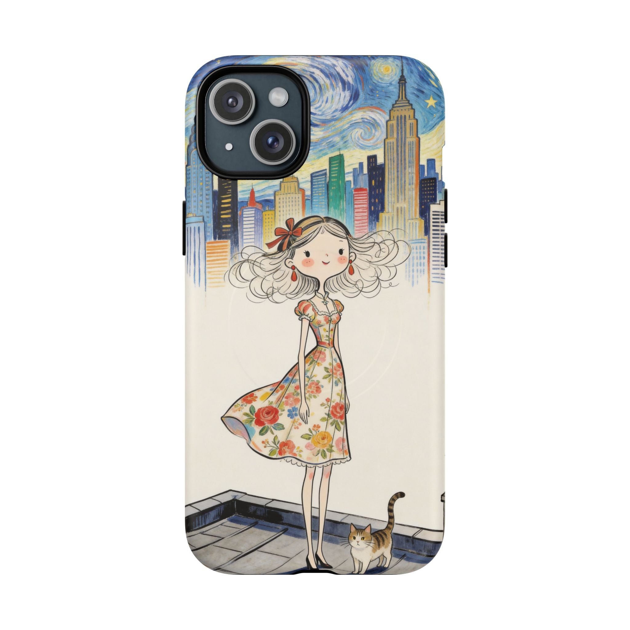 Artistic Girl Cityscape MagSafe iPhone Case | Cute Floral Dress Rooftop Design