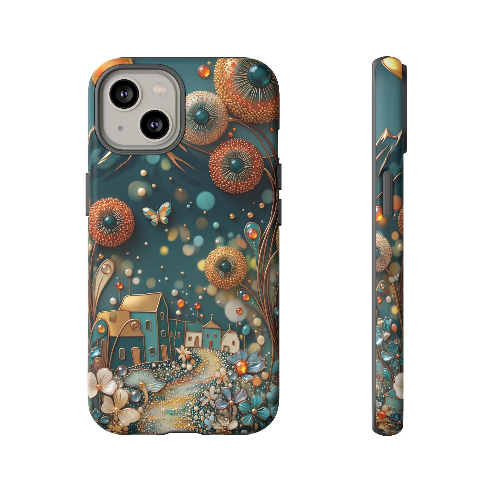 Whimsical Night Village iPhone Case | Floral Moonlit Art Tough Case