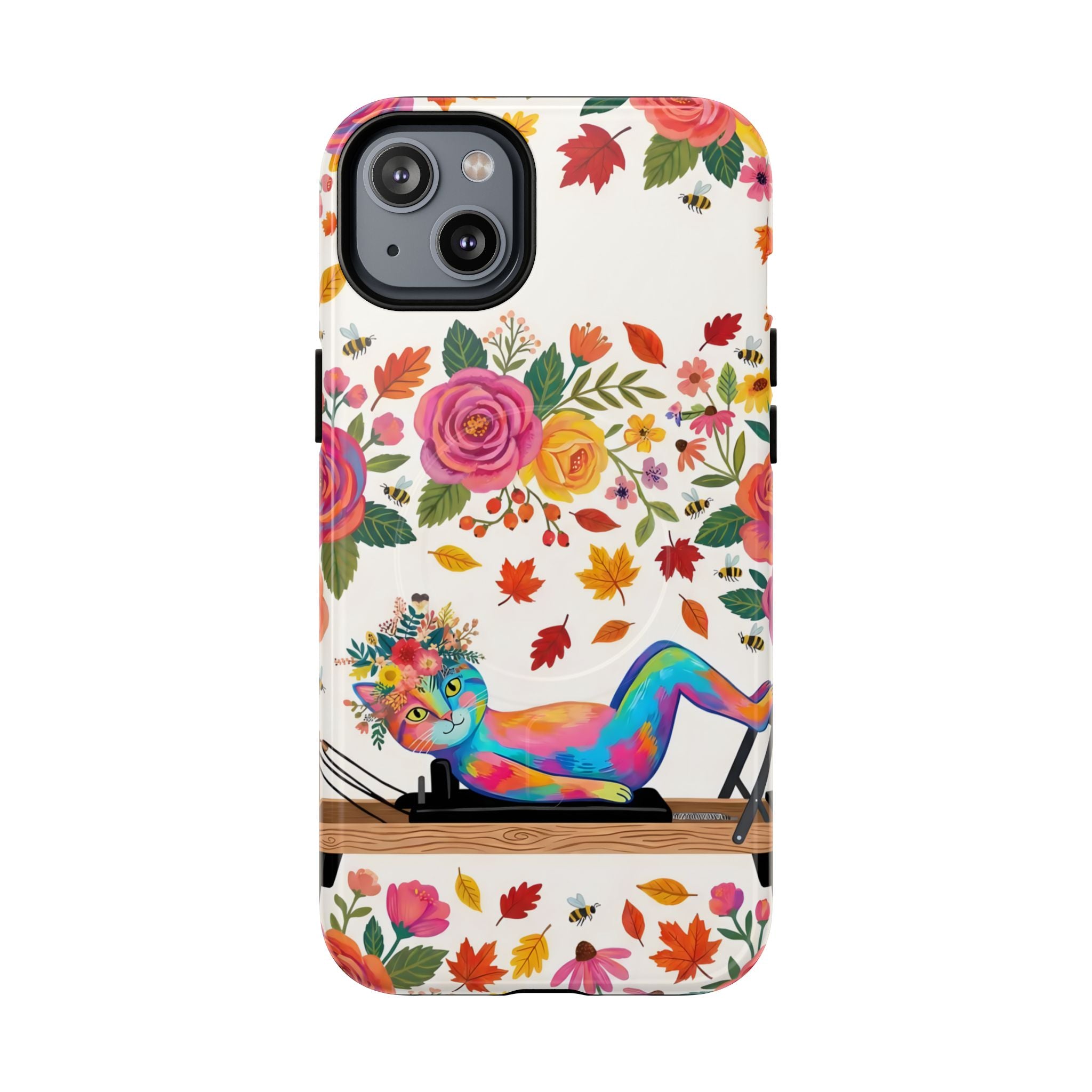 Autumn Floral Pilates MagSafe iPhone Case | Colorful Rainbow Pilates Cat on Falling Leaves