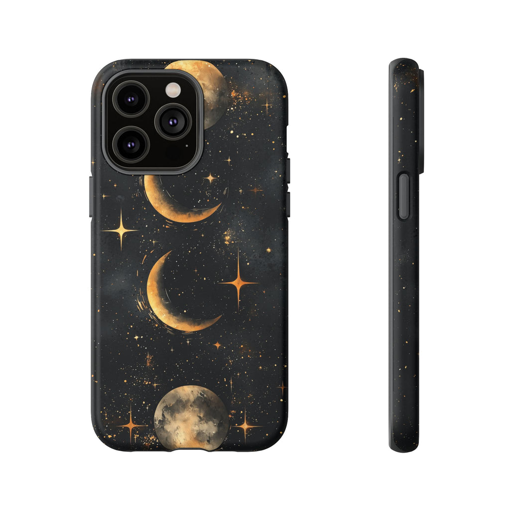Celestial Moon Phases Tough iPhone Case | Gold Crescent & Full Moon Galaxy Design