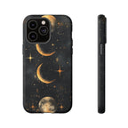 Celestial Moon Phases Tough iPhone Case | Gold Crescent & Full Moon Galaxy Design