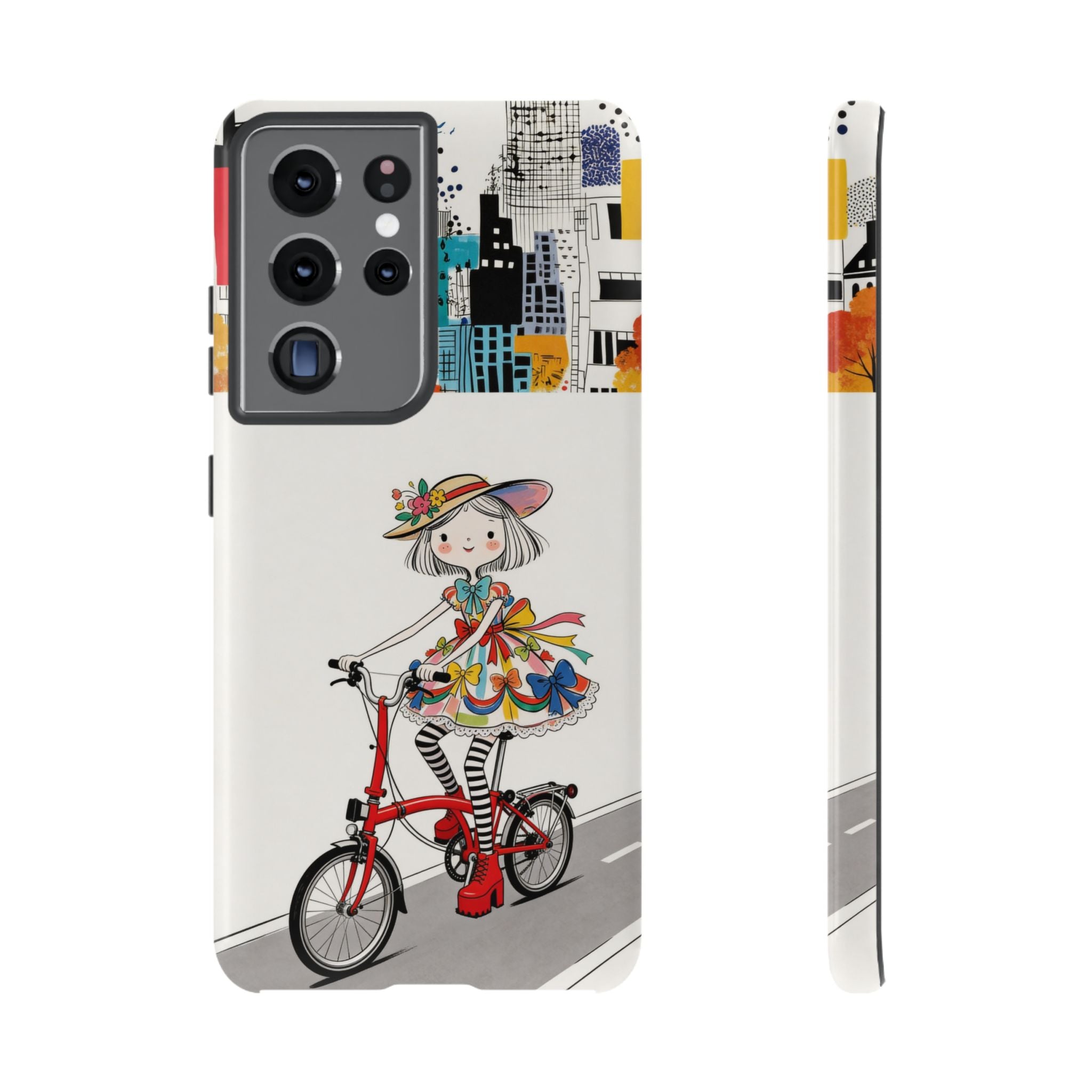 Whimsical Girl on Brompton Bicycle Urban Illustration Samsung Galaxy Phone Case