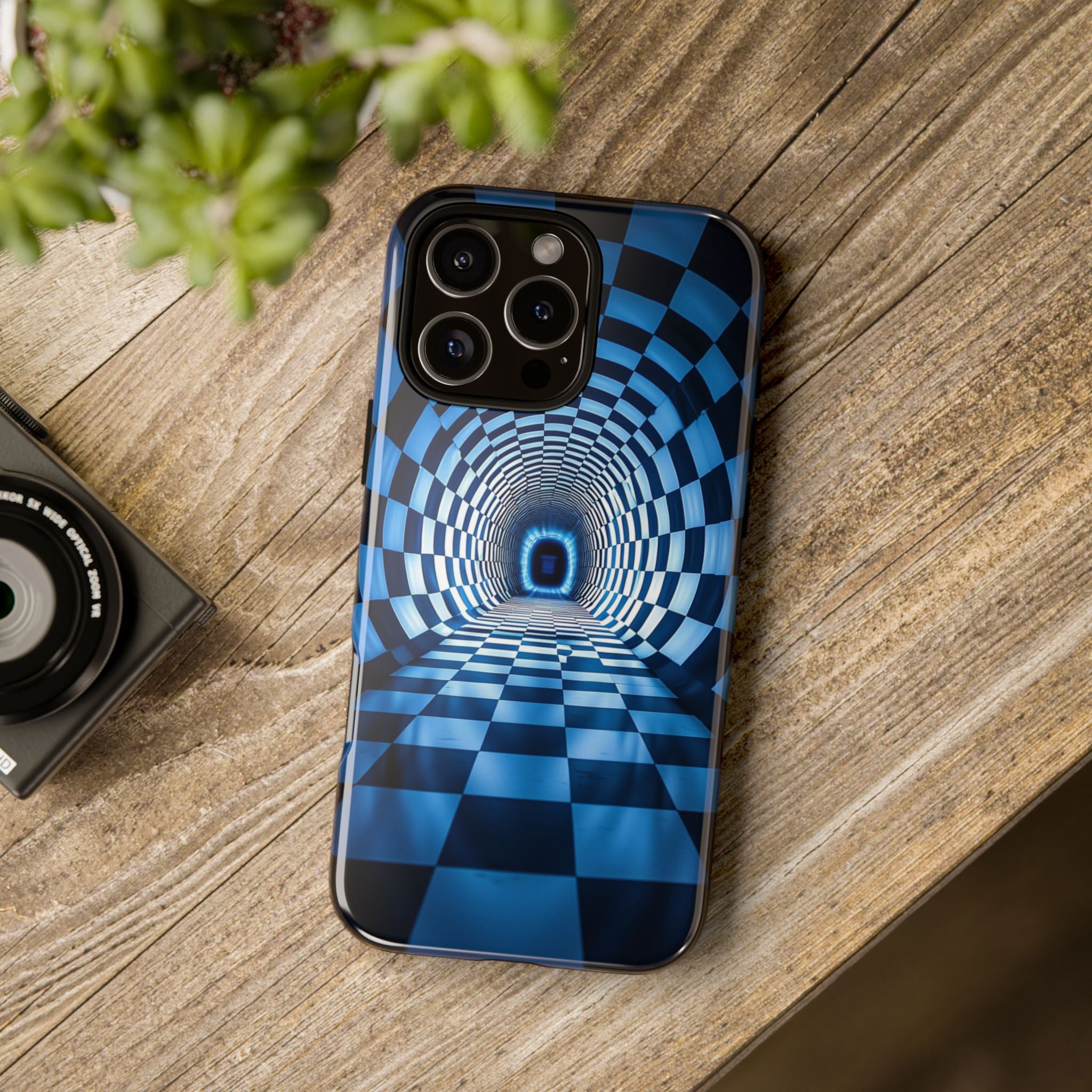 Blue Checkered Tunnel iPhone Case — 3D Optical Illusion Tough Case