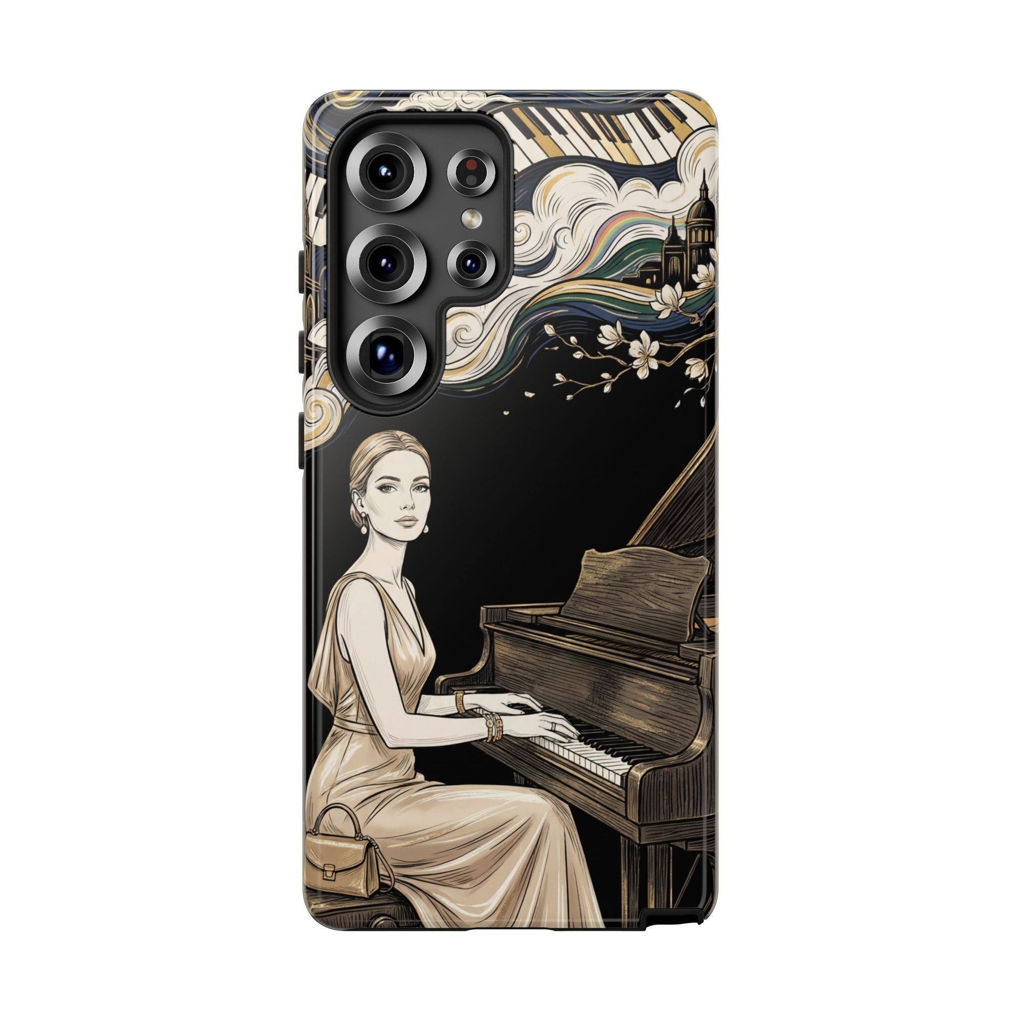 Elegant Piano Woman Samsung Galaxy Phone Case | Vintage Art Deco Music Design